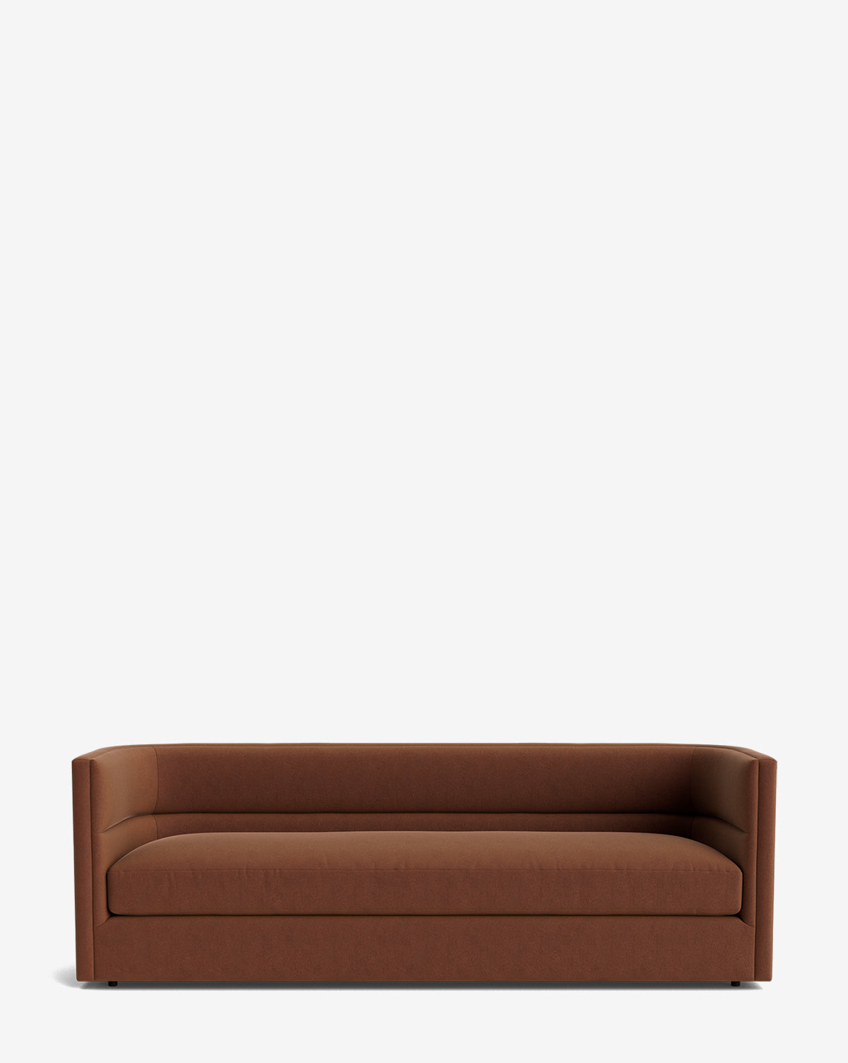 The Claremont Sofa 84 is a modern, minimalist brown sofa with low arms, a straight back, and premium fabric upholstery, shown against a plain white background by McGee & Co.