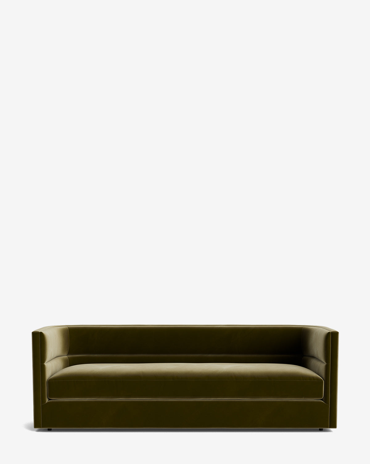 The Claremont Sofa 84 in modern olive-green velvet showcases clean lines, low square arms, and a single seat cushion, all set against a plain white background by Vendixs