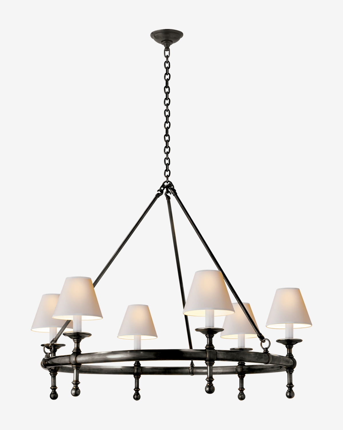 Certainly! Here is your blended sentence: The Visual Comfort & Co. Signature Classic Ring Chandelier showcases a black metal circular frame with six arms and linen shades, suspended by a chain against a white background, Vendixs