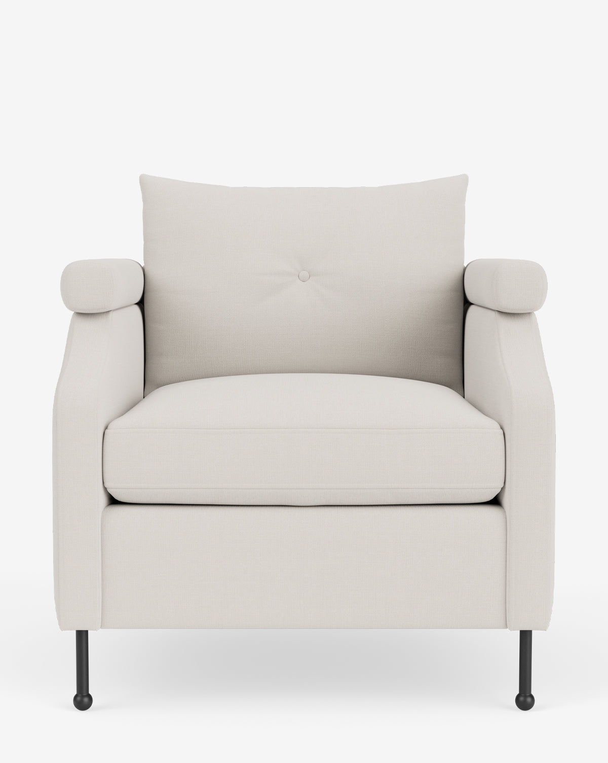The Clegg Lounge Chair features light beige cotton velvet upholstery, cushioned seat, backrest and armrests, slender black legs, and a single button tuft on the back cushion for a vintage-inspired look against a plain white background, by Vendixs