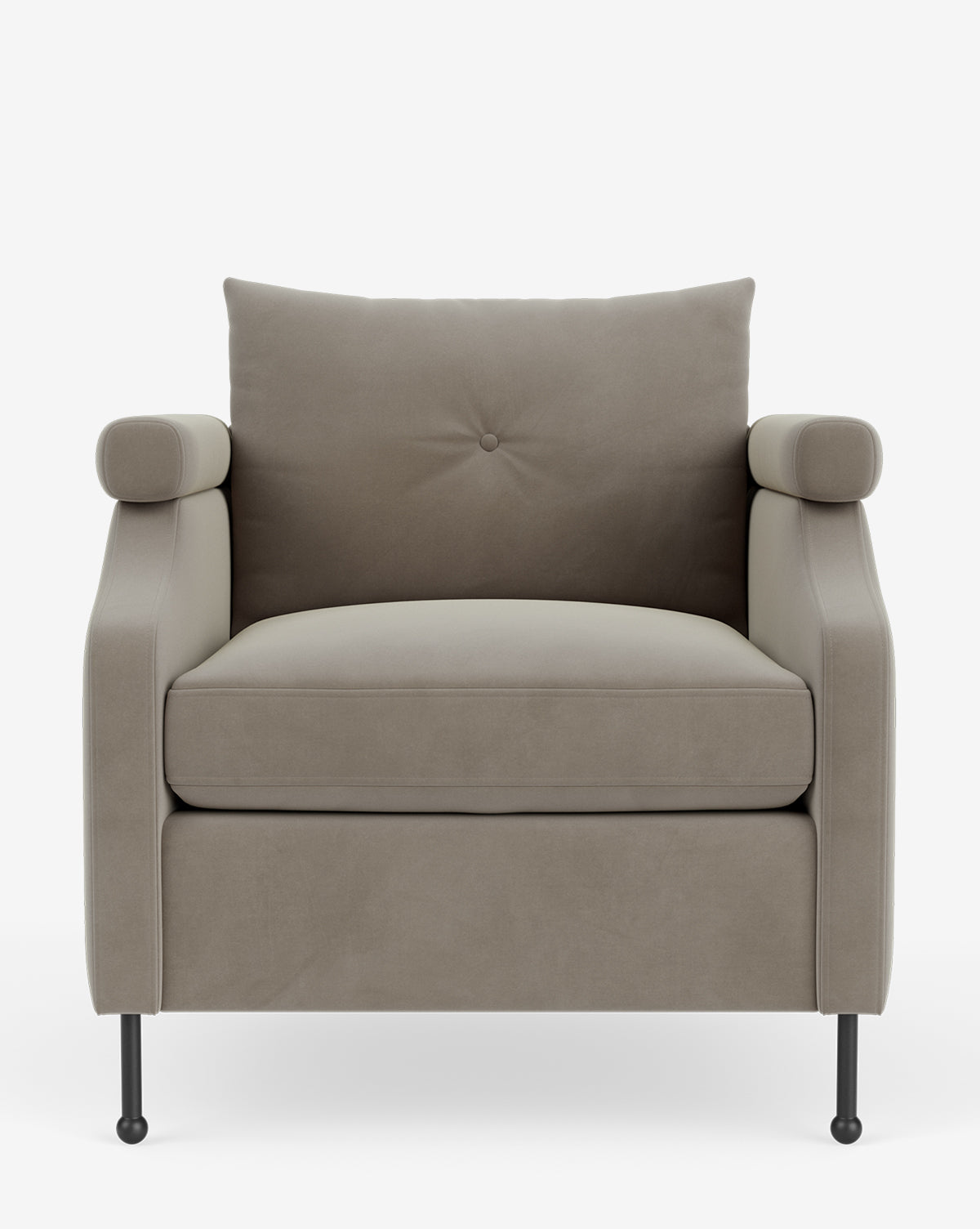 The Clegg Lounge Chair features light brown cotton velvet upholstery, straight armrests, and slim black metal legs. Its modern design with vintage-inspired classic shaping is shown from the front against a plain white background, by Vendixs