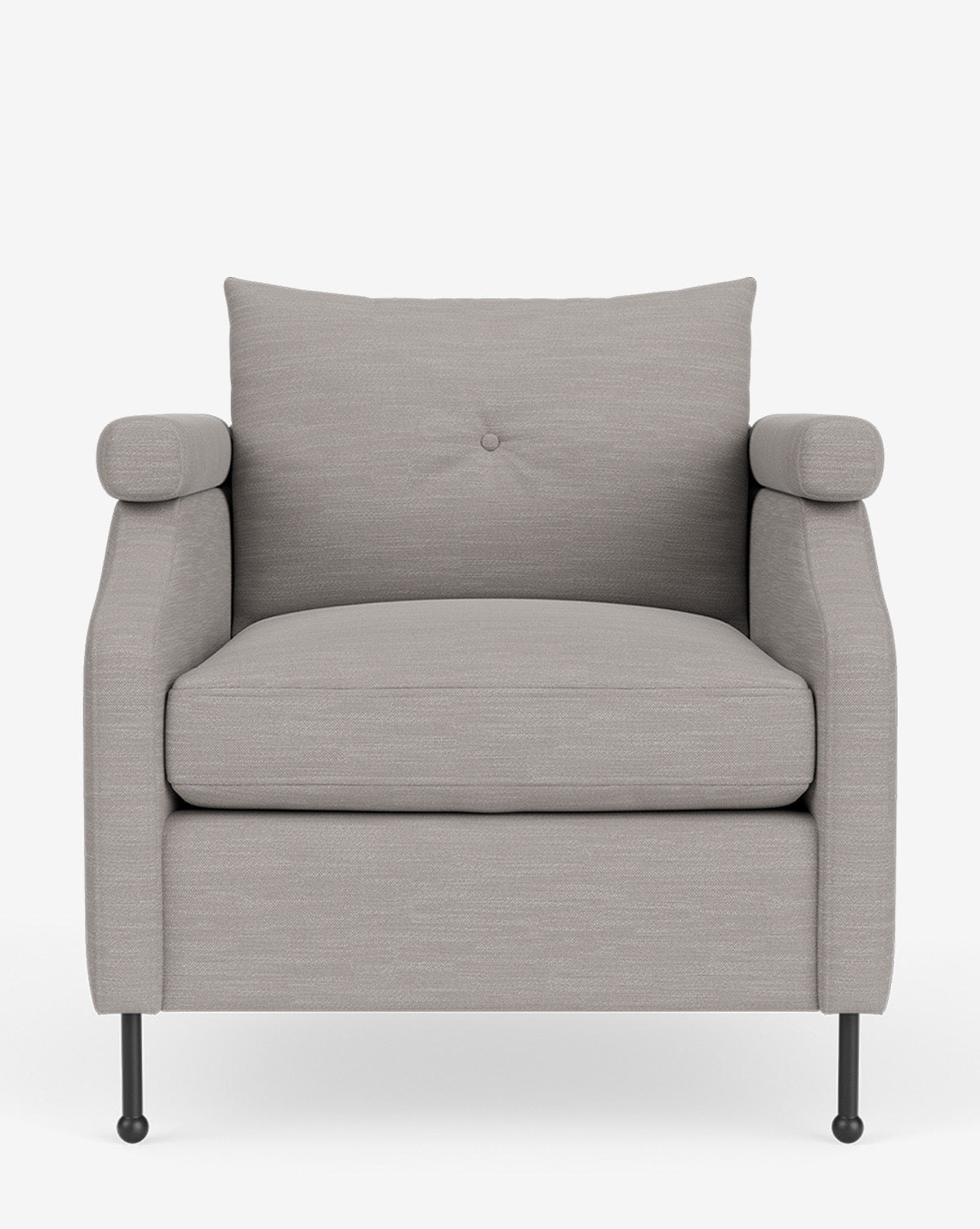 Front view of the Clegg Lounge Chair, a modern armchair in light gray upholstery with vintage-inspired design, rounded arms, single seat cushion, tufted back cushion, and slim black legs shown against a white background, by McGee & Co.