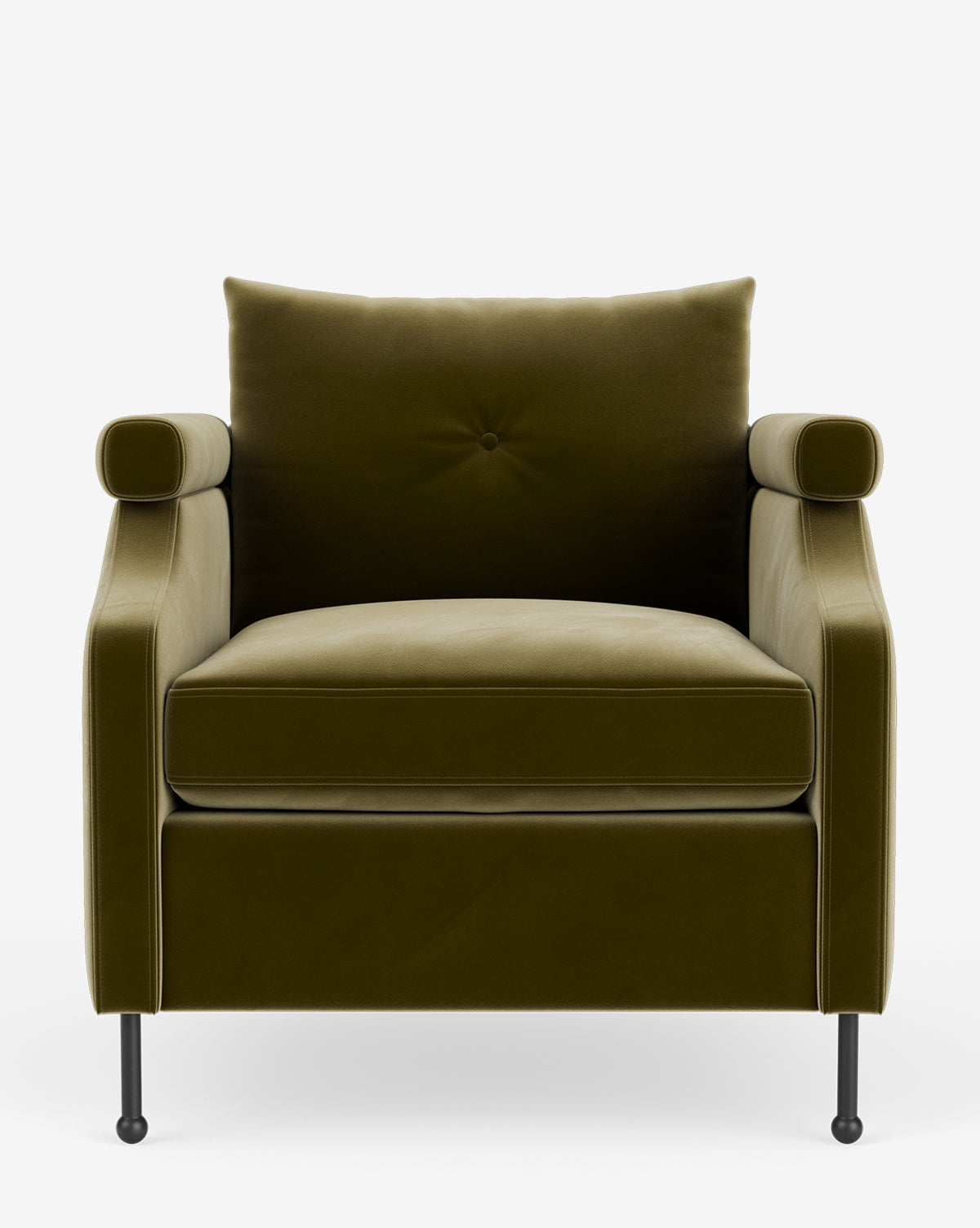 The Clegg Lounge Chair features modern olive green cotton velvet upholstery, a wide seat, cylindrical armrests, cushioned backrest, and slim black metal legs, all showcased against a plain white background by Vendixs