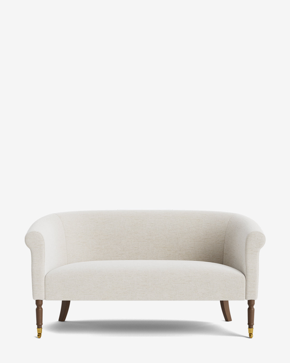 The Clemence Settee 60 by Makerspalm features cream-colored designer fabric, curved arms, wooden legs with brass castors at the front, and elegant upholstery—ideal for enhancing any sophisticated living space. Vendixs