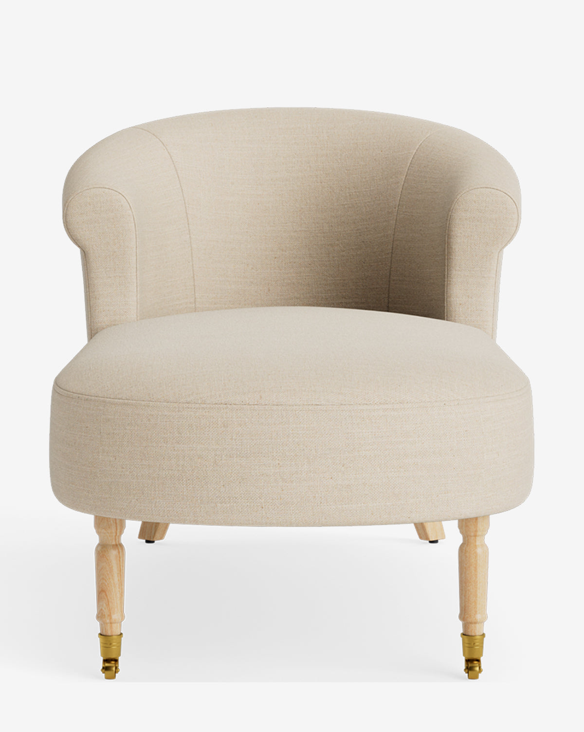 The Clemence Chaise features a beige upholstered design with a curved backrest, rounded arms, and light wooden legs with brass casters, offering customizable style for any space, by McGee & Co. Shown against a white background.
