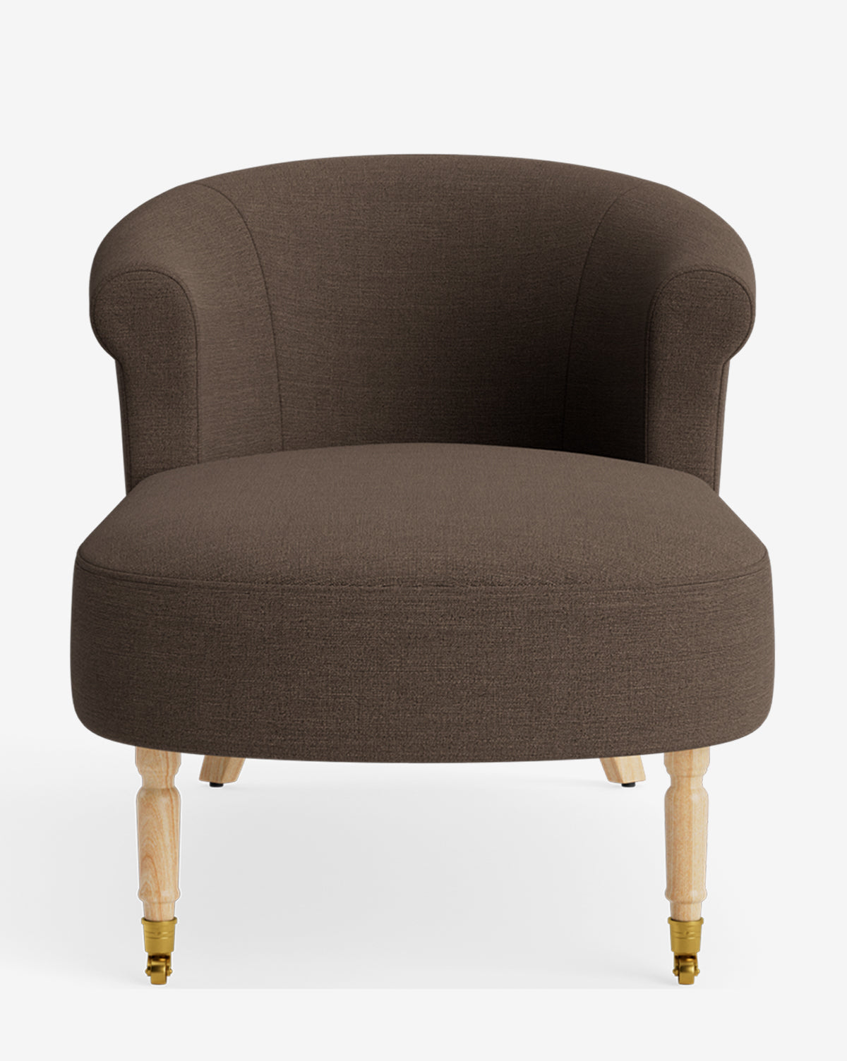 A brown upholstered accent chair with a curved backrest, rounded arms, and light wooden legs with front brass casters—an ideal match for customizable pieces like the Clemence Chaise, by McGee & Co.