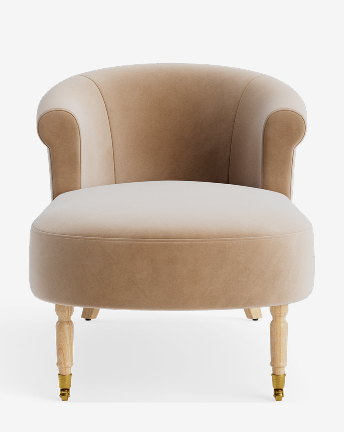 The Clemence Chaise is a beige upholstered armchair with rounded back and arms, light wooden legs—two with brass caster wheels—designed to complement classic chaise lounge pieces, shown against a white background by McGee & Co.