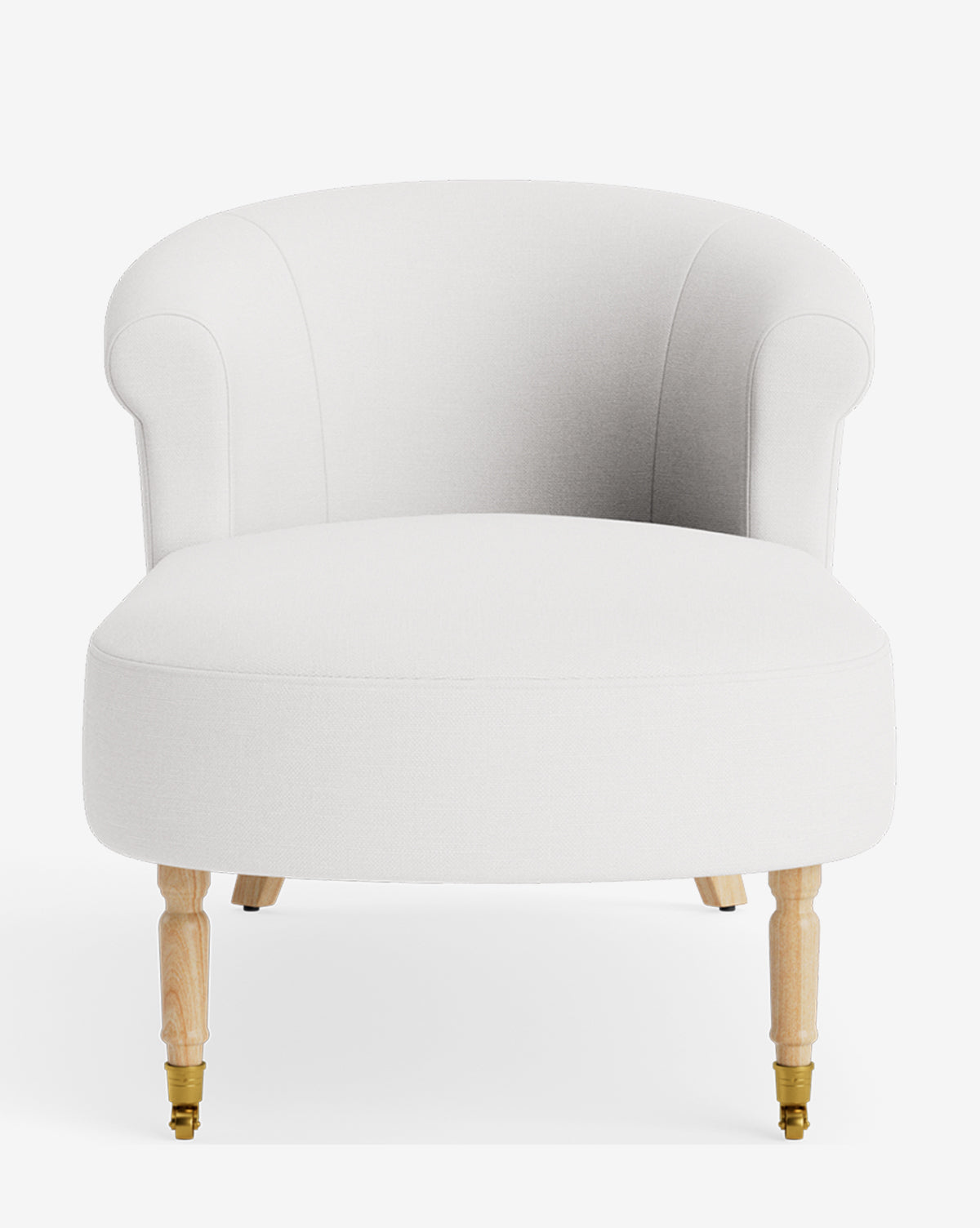 The Clemence Chaise features a white upholstered seat, curved backrest, rounded arms, and light wooden legs with brass caster wheels—delivering timeless customizable elegance to any space, by McGee & Co. Shown against a plain white background.