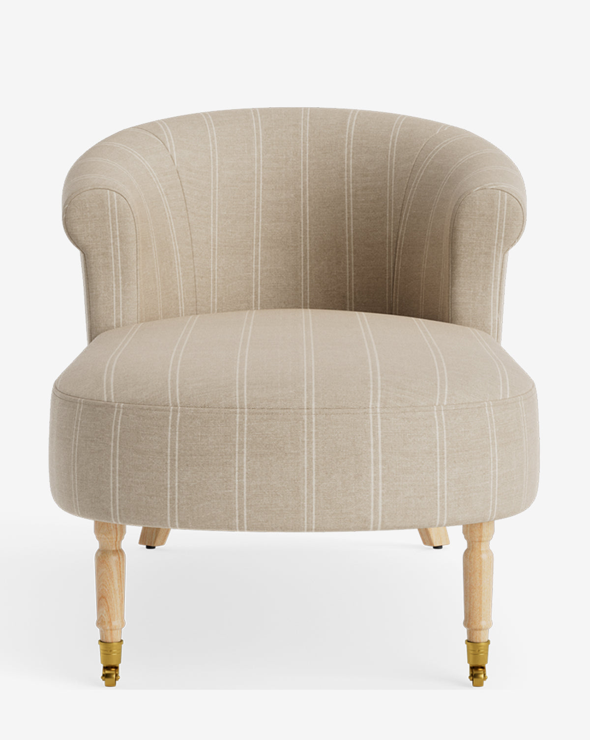 The Clemence Chaise, upholstered in beige with subtle white stripes, features a rounded backrest and light wooden legs—two with brass caster wheels—making it a stylish, customizable addition to any living space, by McGee & Co.