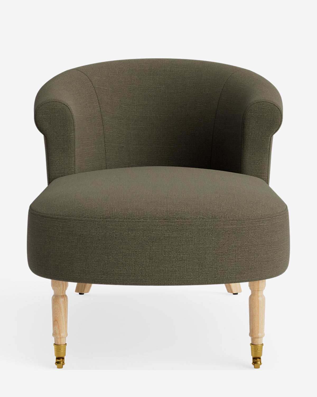 The Clemence Chaise is a green upholstered armchair with a curved backrest, rolled arms, light wooden legs—front legs featuring gold caster wheels—ideal for customizable furniture collections and reminiscent of a classic chaise lounge, by McGee & Co.