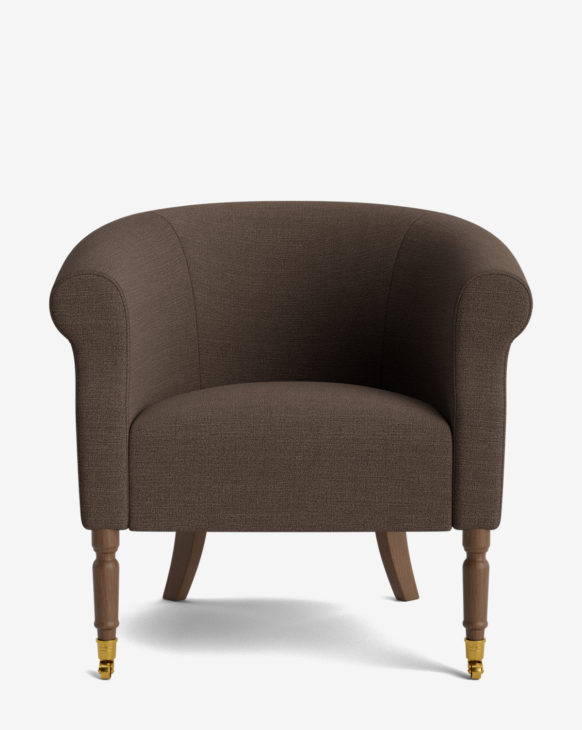 The Clemence Lounge Chair is a brown upholstered lounge chair with curved armrests, wooden legs, and small brass caster wheels on the front legs, shown from the front against a white background by Vendixs