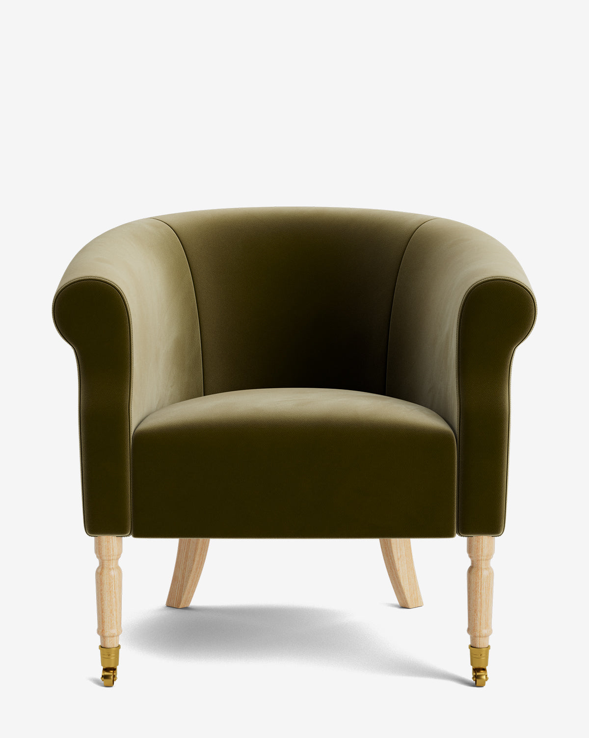 The Clemence Lounge Chair features olive green velvet upholstery, a curved backrest and armrests, light wooden legs with brass castor front wheels, standing out as a classic living room piece against a plain white background by Vendixs