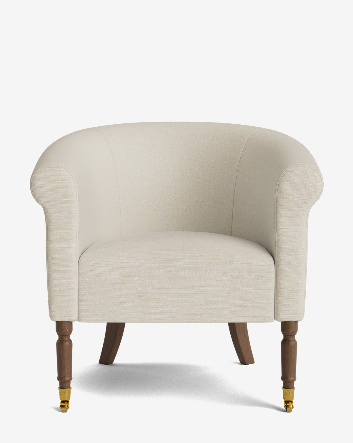 The Clemence Lounge Chair features beige designer upholstery, a rounded back and arms, dark wooden legs, and gold front caster wheels, all set against a white background by Vendixs