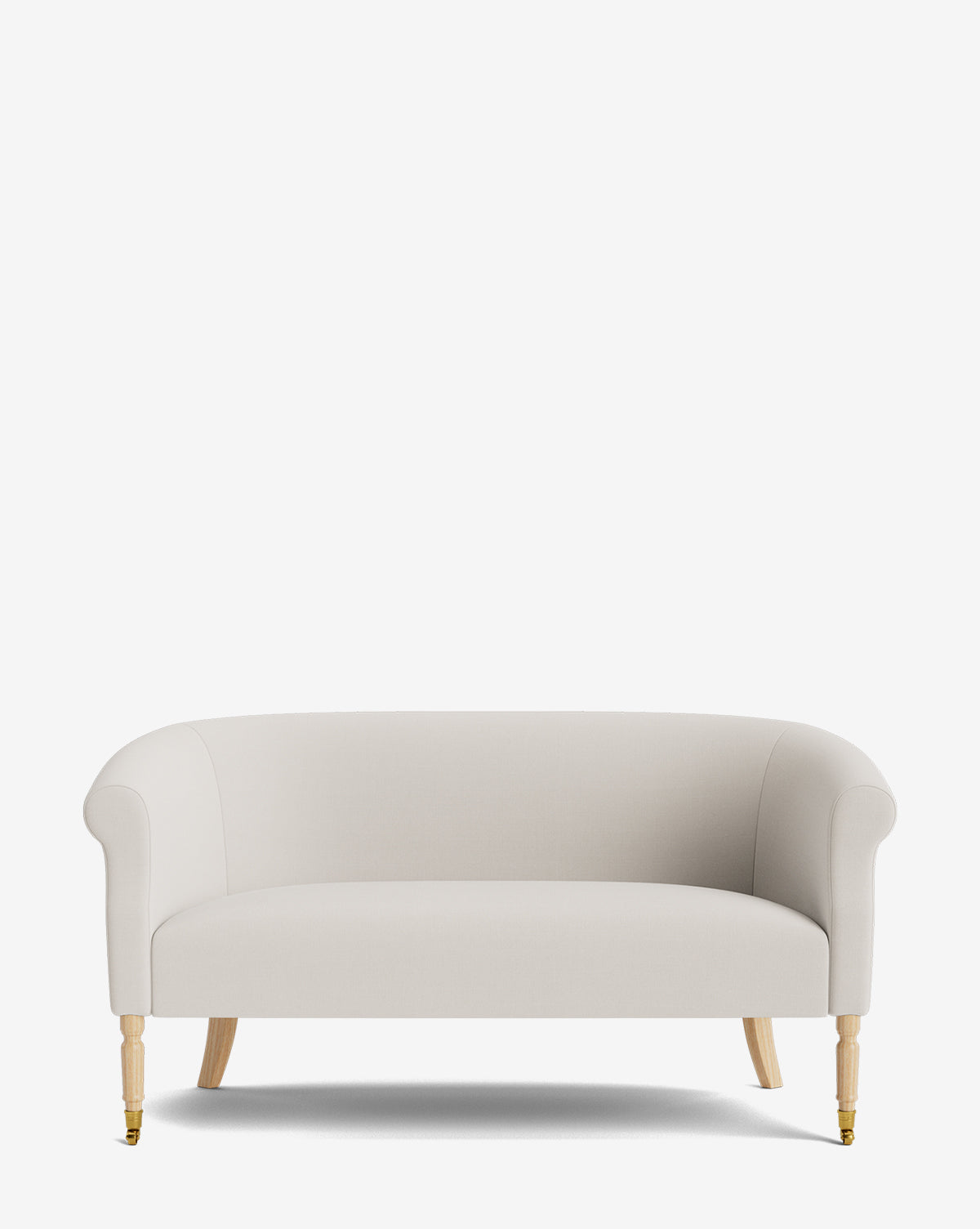 The Clemence Settee 60 by Makerspalm features modern, light beige designer fabric upholstery, gently curved arms, and light wooden legs—an elegant addition to any living space. Shown against a plain white background. Vendixs