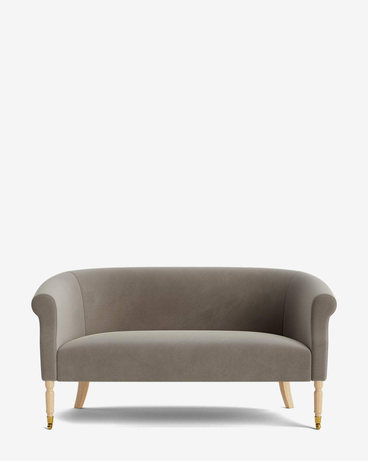 The Makerspalm Clemence Settee 60 features modern taupe upholstery, rounded armrests, and wooden legs with brass caster wheels, bringing a refined touch to any living space against a simple white backdrop. Vendixs