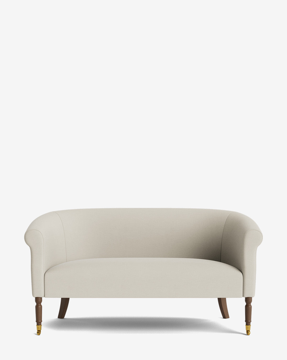 The Clemence Settee 60 by Makerspalm features cream designer fabric, curved arms, wooden legs with front brass castors—an elegant piece to elevate your living space. Shown against a plain white background. Vendixs