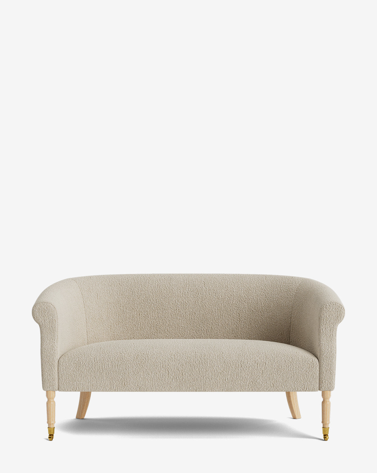 The Makerspalm Clemence Settee 60 features light beige designer fabric, rounded arms, wooden legs, and a gold caster on the front right leg—an elegant accent for any living space, shown against a plain white background. Vendixs