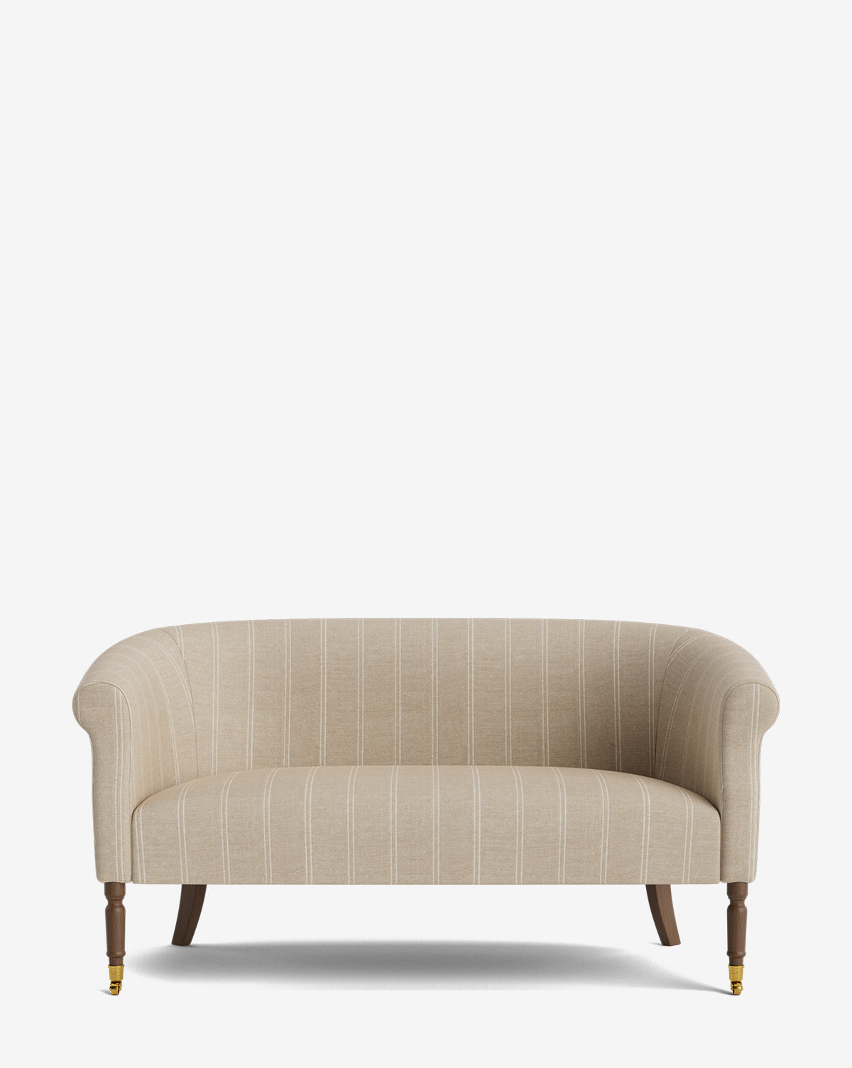 The Clemence Settee 60 features beige designer fabric with subtle vertical stripes, curved arms, and wooden legs—two with brass caster wheels, by Vendixs