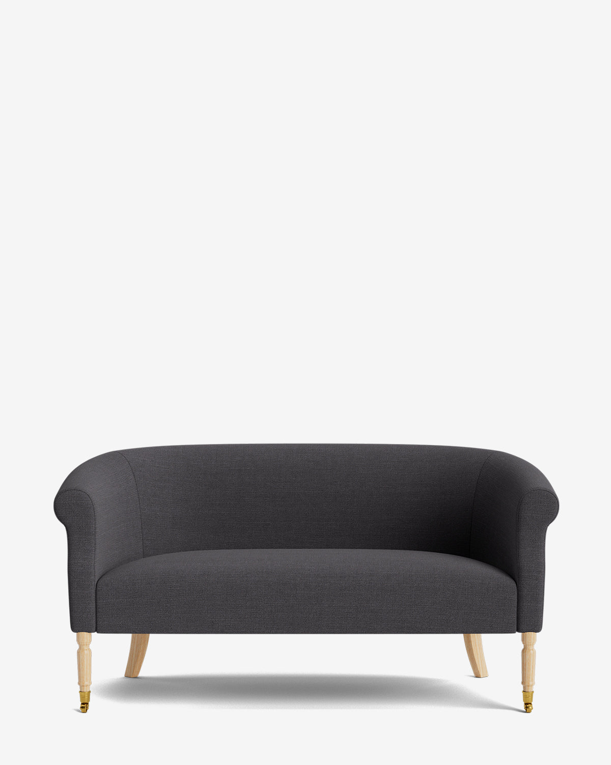 The Clemence Settee 60 by Makerspalm features dark gray designer fabric, curved arms, a rounded back, and light wooden legs—an elegant piece ideal for elevating any living space. Photographed against a plain white background. Vendixs