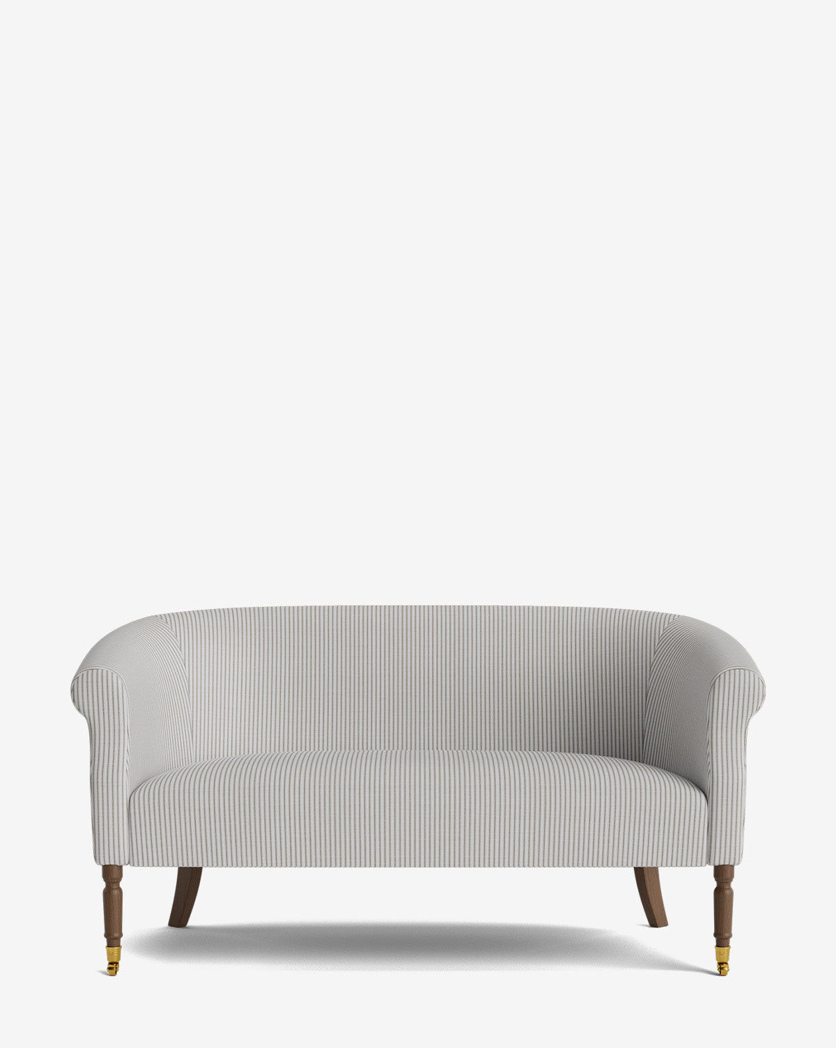The Makerspalm Clemence Settee 60 features light gray striped designer fabric, rolled arms, wooden legs with brass-capped front wheels, and is set against a plain white background—ideal for enhancing any living space. Vendixs
