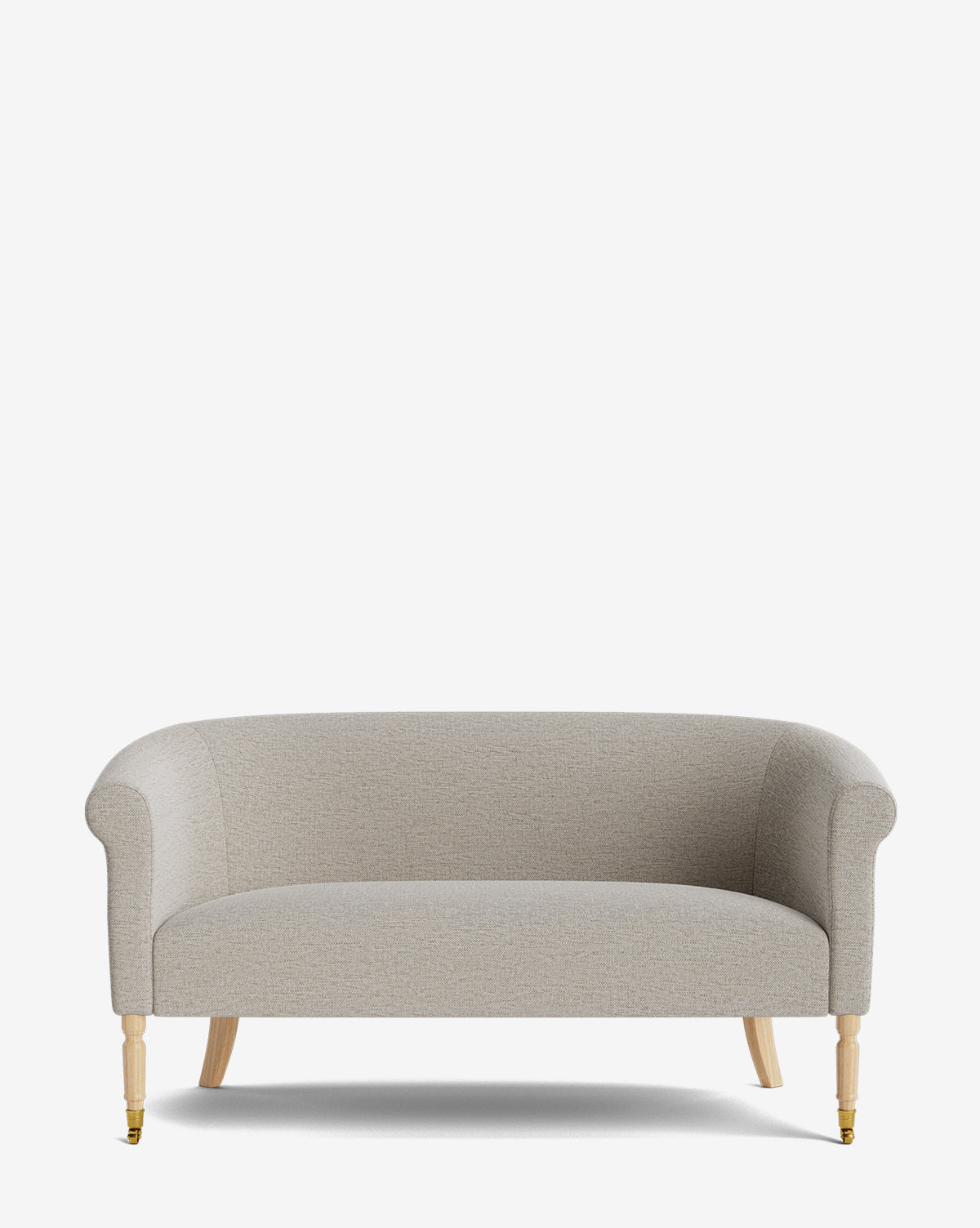 The Makerspalm Clemence Settee 60 features light gray designer fabric, rounded arms, wooden front legs with brass casters, and wooden back legs—set against a white background—ideal for any living space. Vendixs