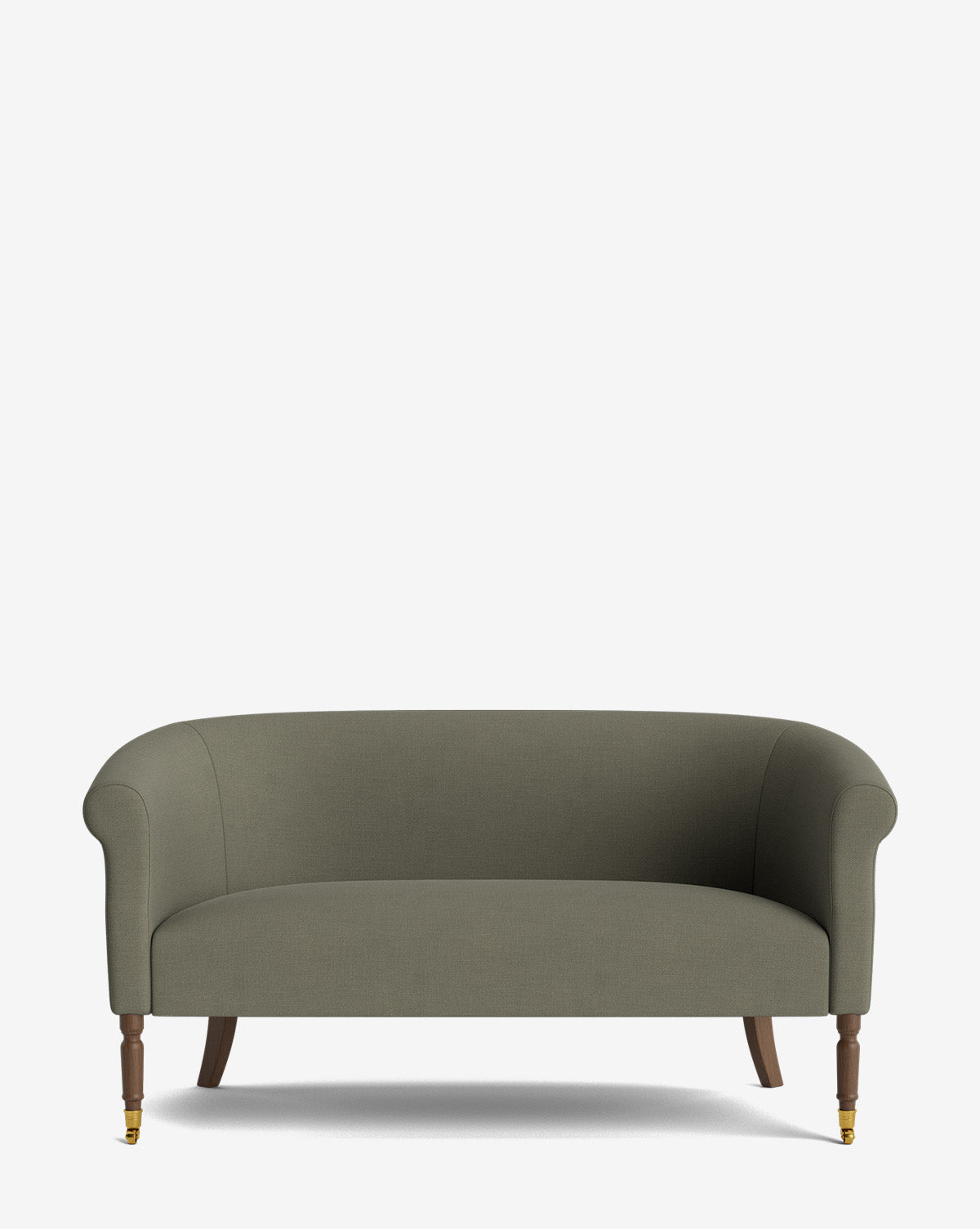 The Clemence Settee 60 by Makerspalm features green designer fabric, curved arms, and wood legs with brass caster wheels, bringing elegance to any living space. Shown here set against a plain white background. Vendixs