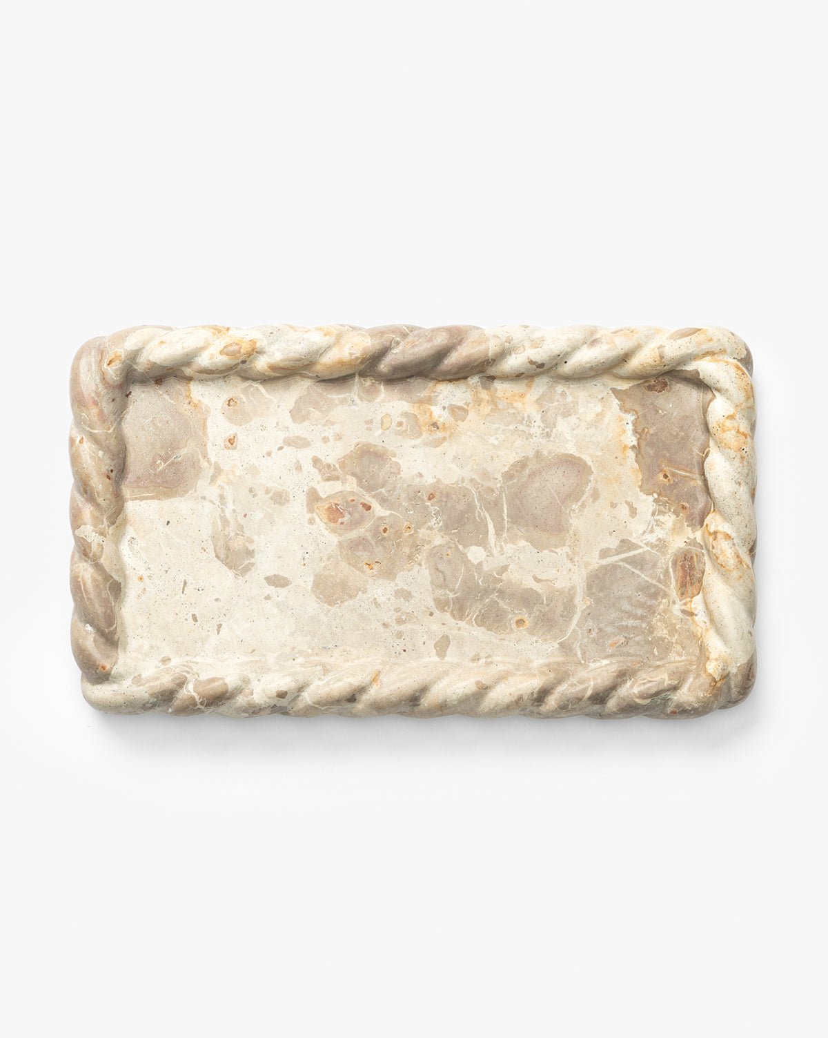 The Cleves Marble Tray features a rectangular shape with a textured, twisted rope-like border and a mottled beige and light brown surface—perfect as a vanity organizer or elegant display accent, by Vendixs