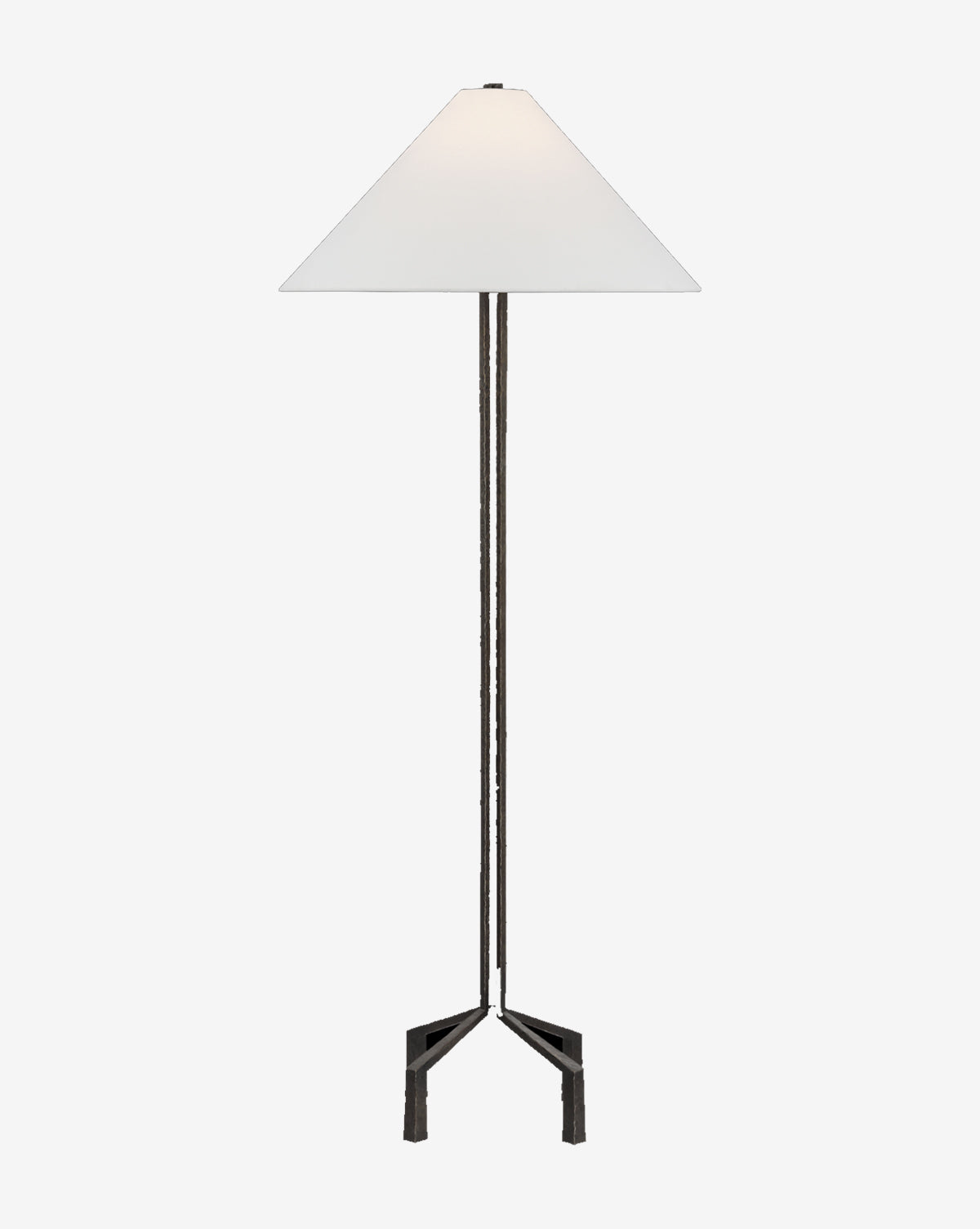 The Clifford Large Forged Floor Lamp by Visual Comfort & Co. Signature features a slim dark metal stand, three-legged base, and large white conical shade, shown against a plain white background. Vendixs