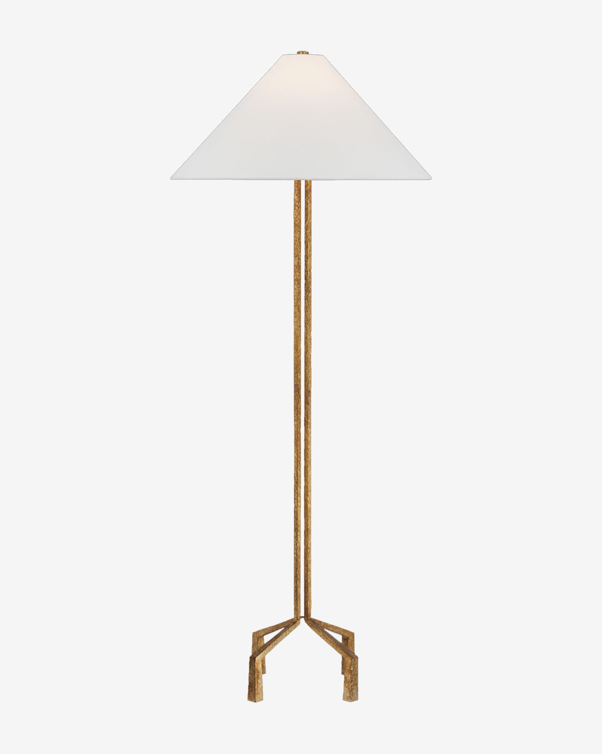 The Clifford Large Forged Floor Lamp features a tall, classic design with a slender gold base and three angled legs for support, topped with a wide white linen shade, by Vendixs
