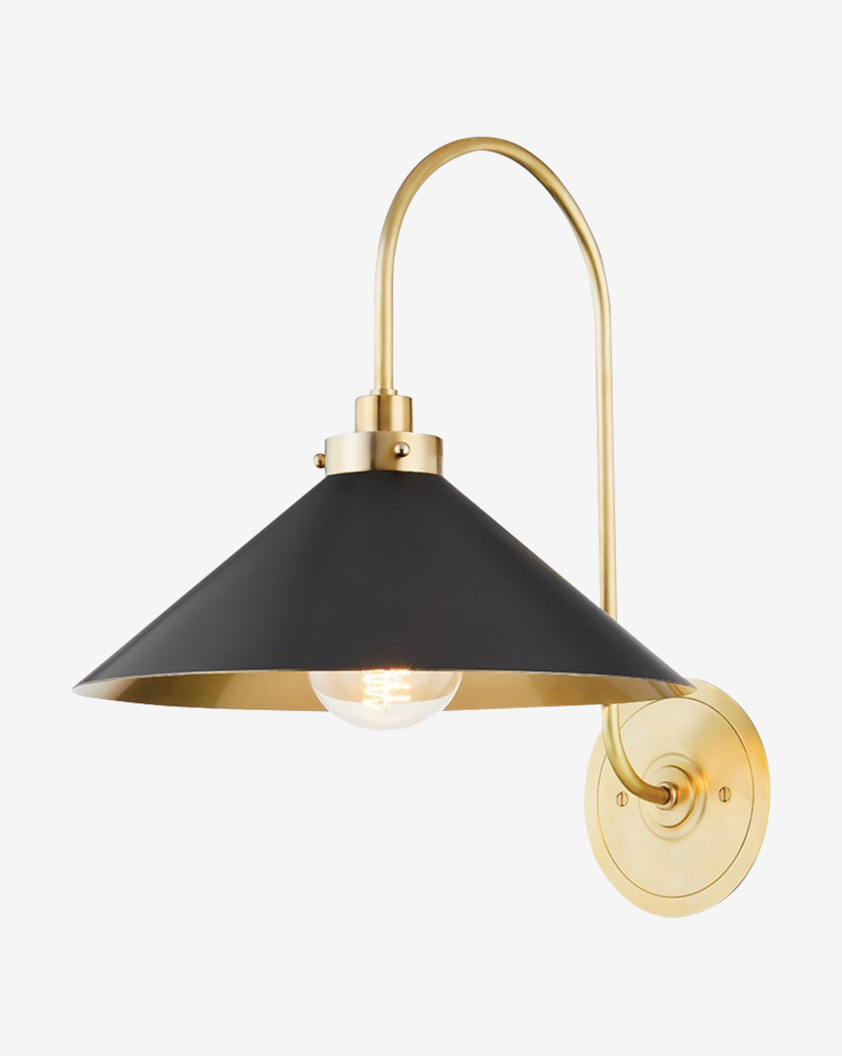 The Clivedon Sconce by Hudson Valley Lighting features a black and gold steel shade, exposed bulb, and brass-finished curved arm—a stylish modern wall sconce perfect for contemporary home lighting. Vendixs
