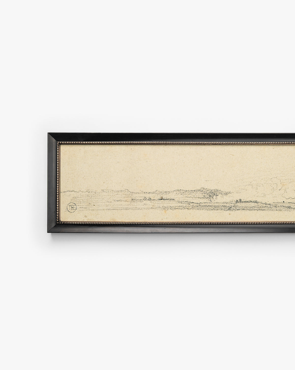 Clouded Island is a horizontal, rectangular giclée on paper showcasing a minimalist landscape sketch on beige. Its black frame with a slim gold inner lining brings elegance, while only part of the artwork is visible in the image, by Vendixs
