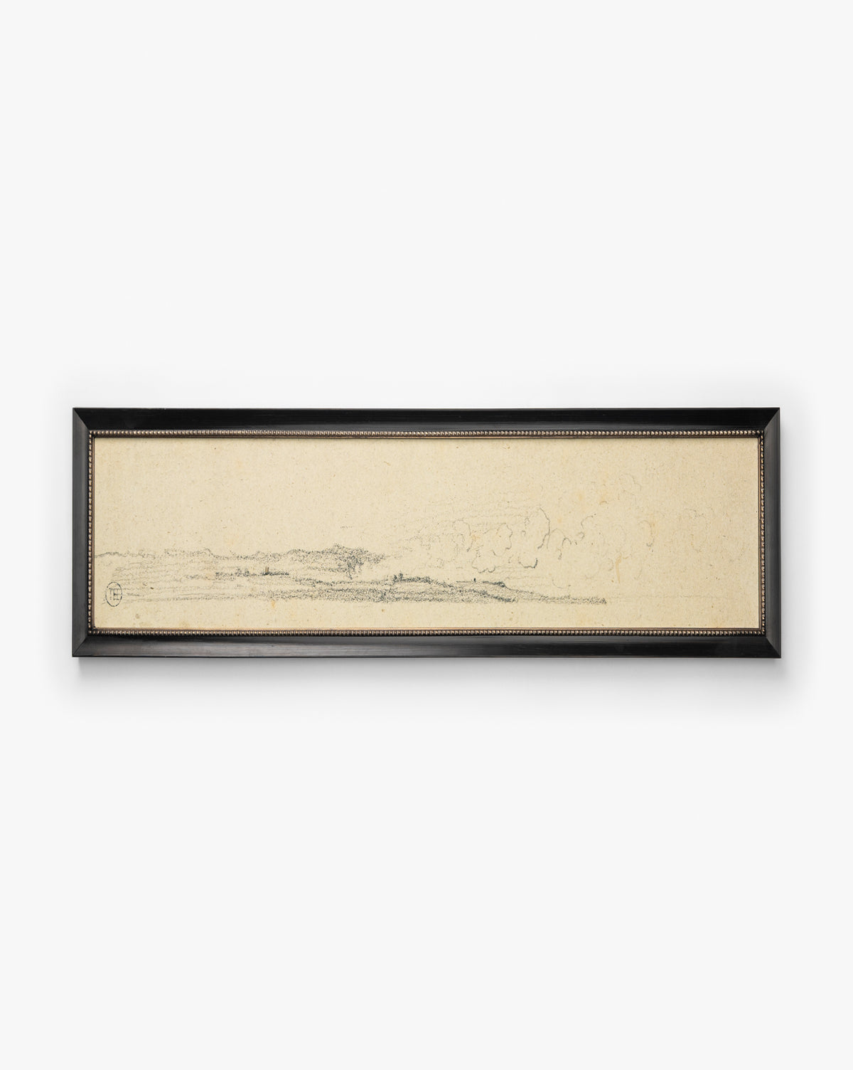 Clouded Island is a horizontal, rectangular landscape sketch giclée on paper, featuring minimalistic lines and subtle shading on a light background. It comes in a black frame with a thin, decorative inner edge for added elegance, by Vendixs