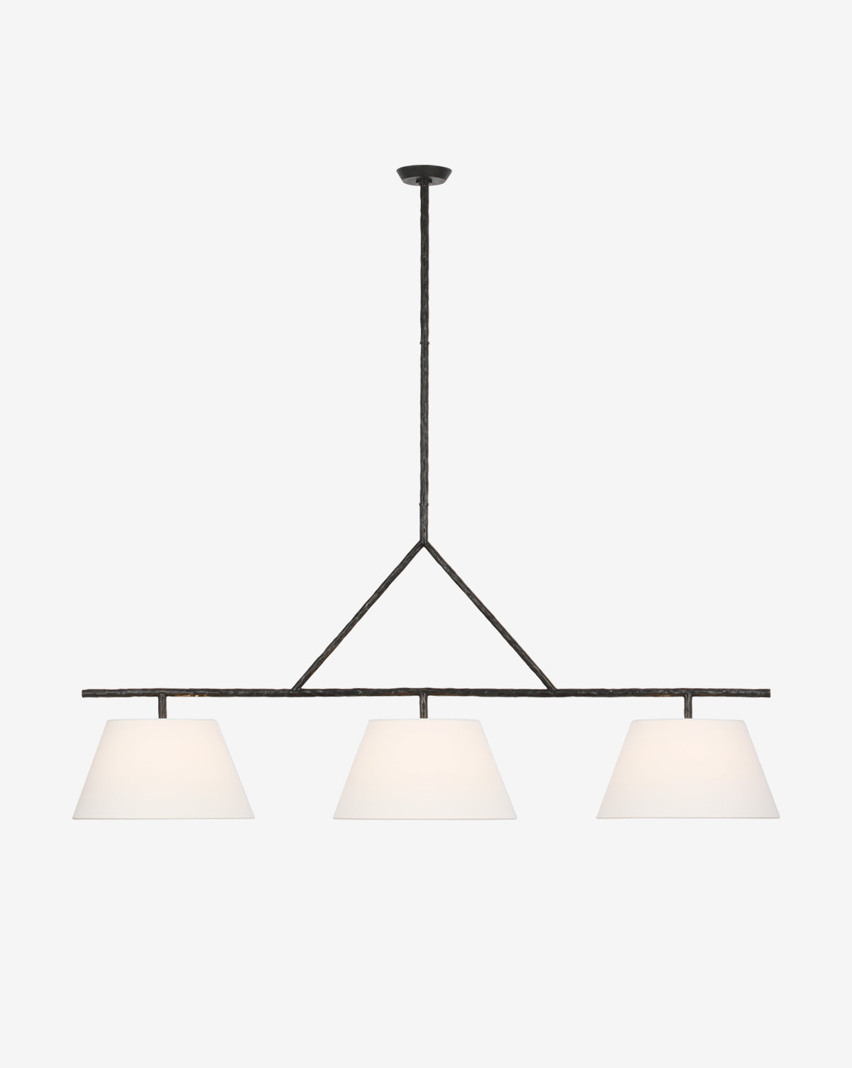 The Collette Linear Chandelier by Visual Comfort & Co. Signature features three white linen shades on a black rod with a central stem, creating a sleek geometric look perfect for modern spaces. Vendixs