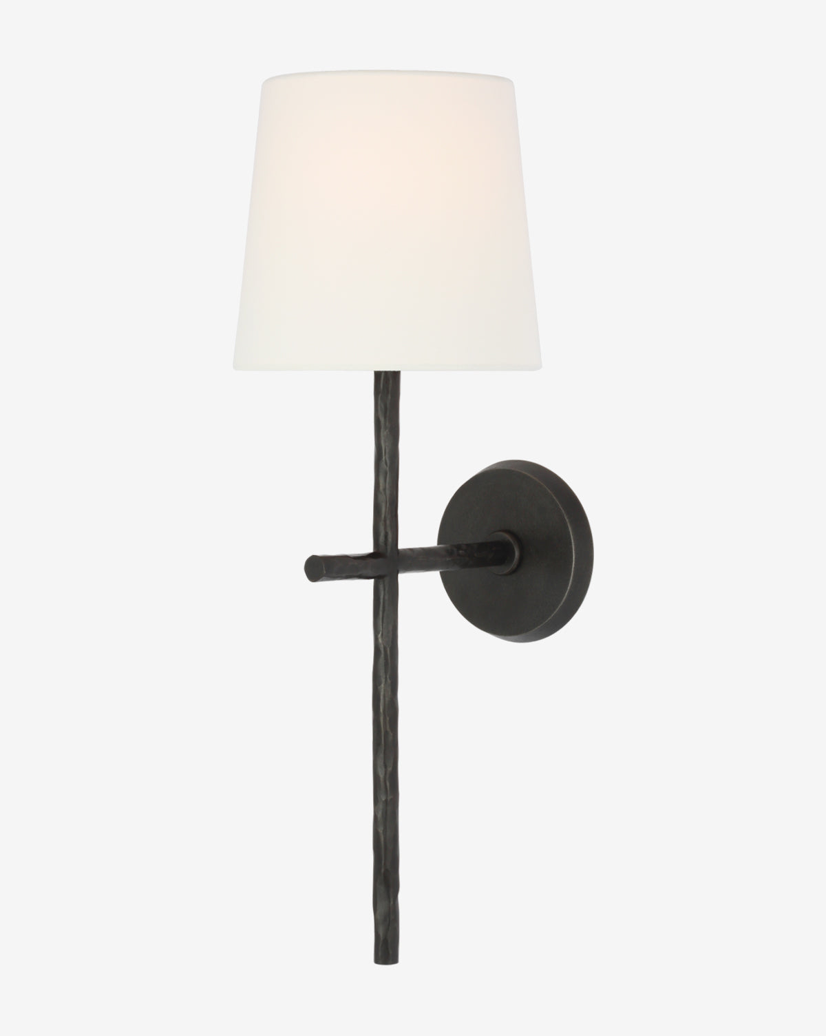 The Collette Tail Sconce by Visual Comfort & Co. Signature is a black metal fixture with a steel frame, vertical rod, horizontal crossbar, round base, and a white linen shade set against a plain white background. Vendixs