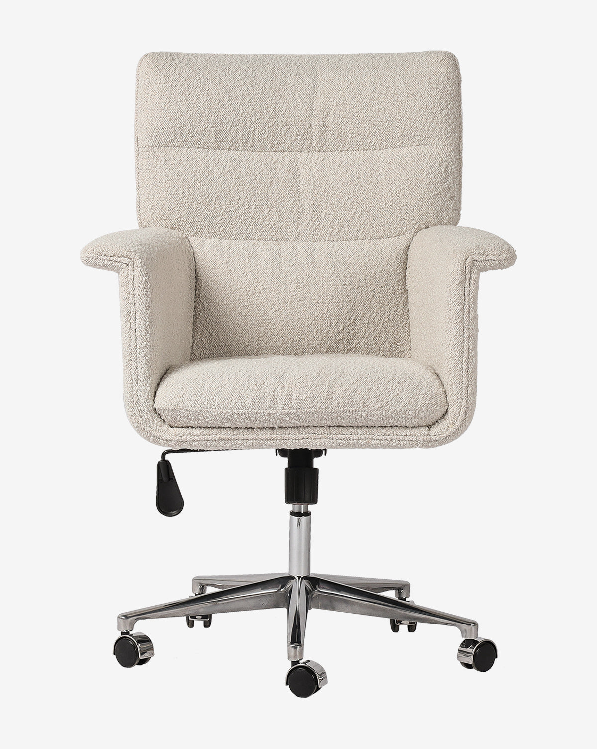 The Colson Desk Chair features cream upholstery, a padded seat and armrests, an adjustable lever, and a chrome base with five black caster wheels—ideal for adding style and comfort to your home office, by Vendixs