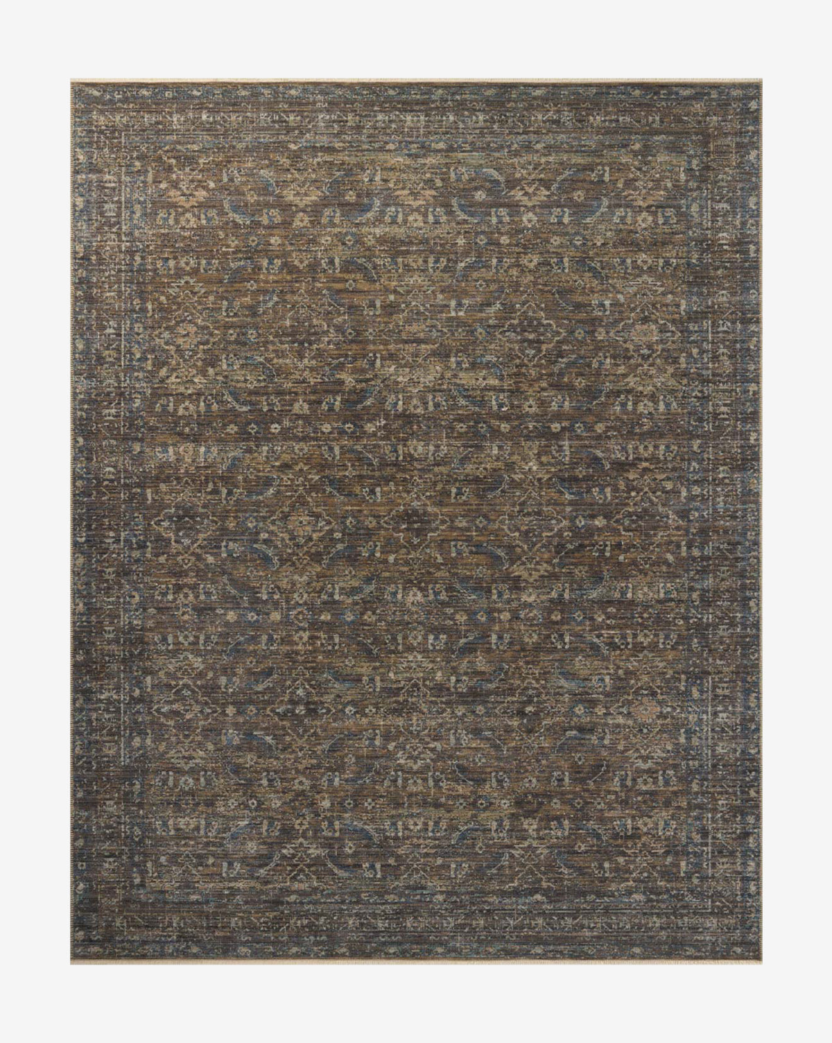 The Conley Lagoon Rug is a rectangular area rug with a distressed brown and blue vintage floral pattern, featuring an intricate motif and slightly faded, antique look, by Vendixs Its high-quality construction ensures lasting style in any space.