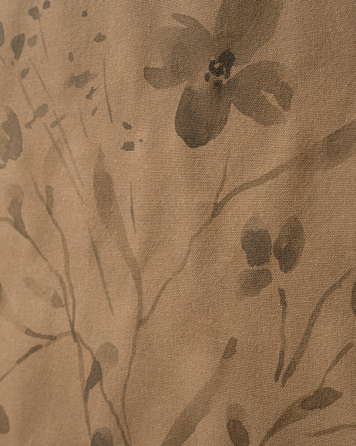 Close-up of Consider the Wildflowers by Katie Mulder, a light brown fabric with subtle, abstract darker brown floral patterns—ideal for pairing with a maple frame or inspiring a fine giclee print, by Vendixs