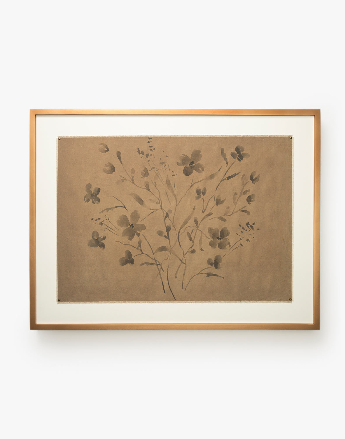 Consider the Wildflowers by Katie Mulder: a minimalist floral giclee print in dark tones on a brown background, set with a white mat and maple frame, offering elegant, modern framed artwork for your space, by Vendixs