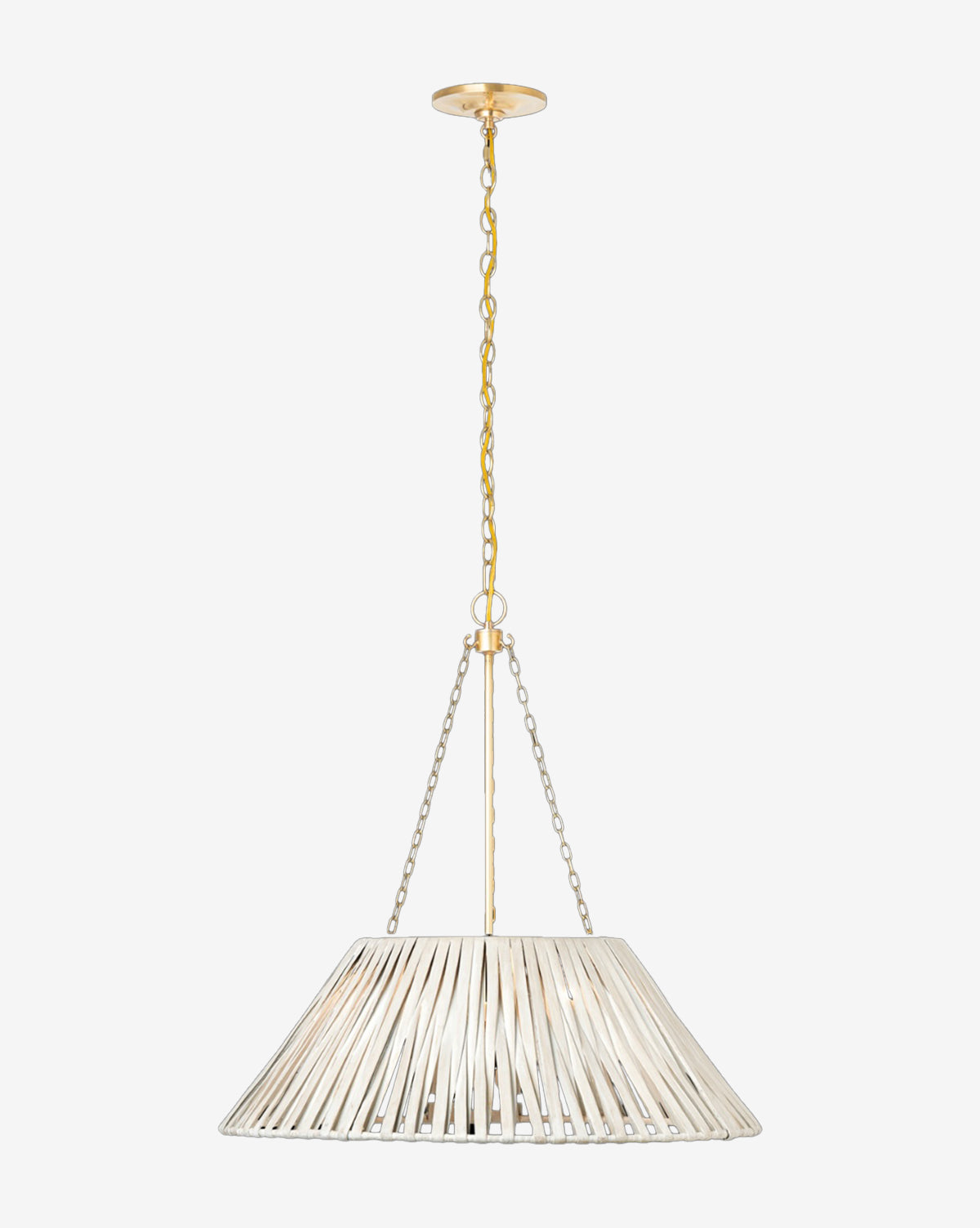 The Corinne Woven Hanging Shade features a wide, slatted metallic design suspended by three chains from a gold ceiling mount, offering modern organic style against a plain white background, by Vendixs