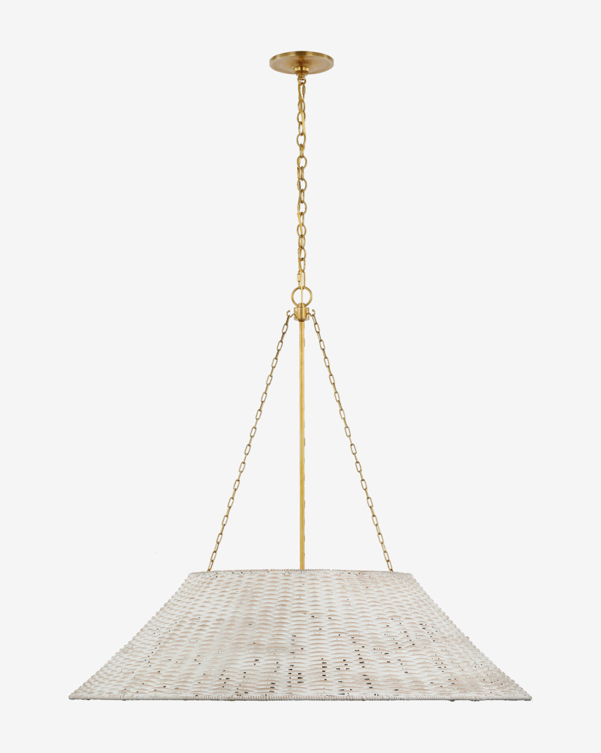 The Corinne Woven Hanging Shade features a flat, white textured rectangular design suspended by gold chains from a gold ceiling mount—an elegant, organic lighting accent for any room, by Vendixs