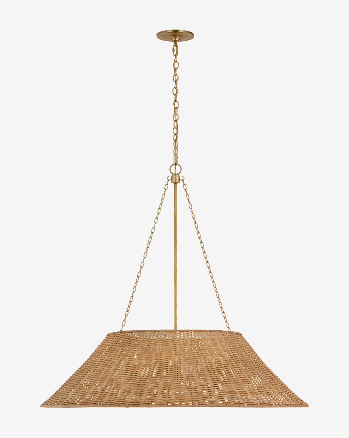 The Corinne Woven Hanging Shade features natural rattan and an organic design, suspended from the ceiling by a brass rod and two chains, set against a plain white background, by Vendixs