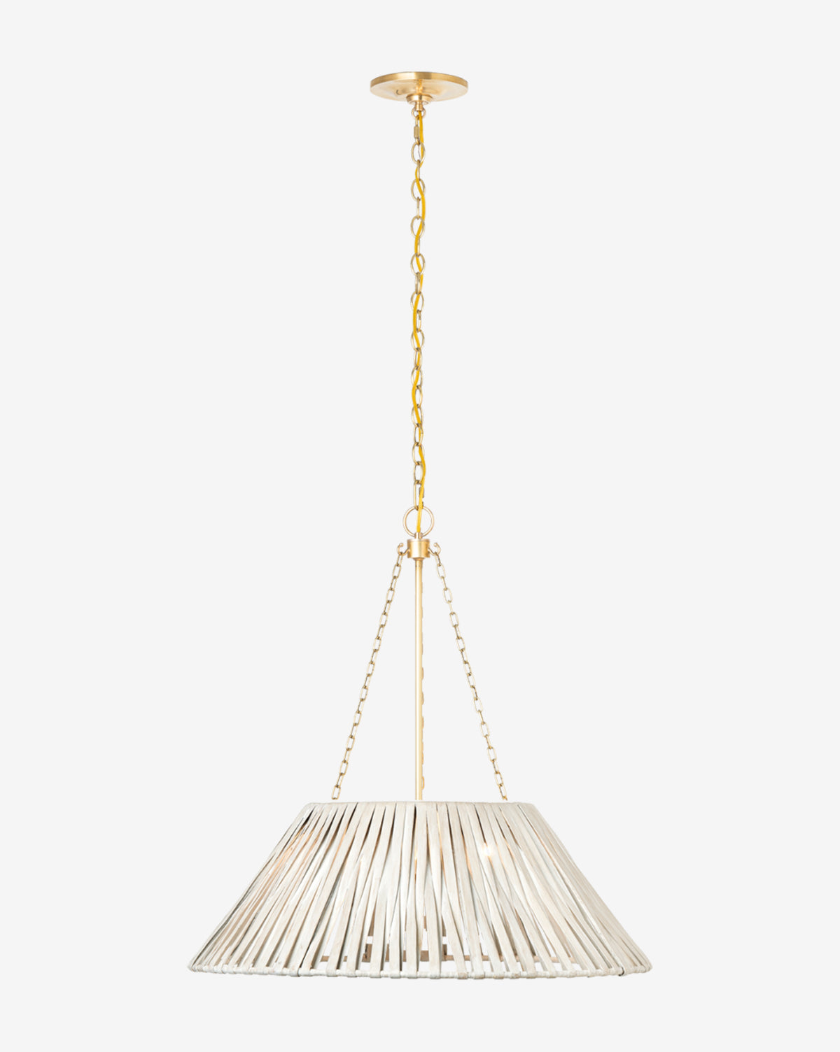 The Corinne Wrapped Hanging Shade features a wide, cone-shaped open shade made of evenly spaced metallic strips, suspended by gold chains and a gold ceiling mount, by Vendixs