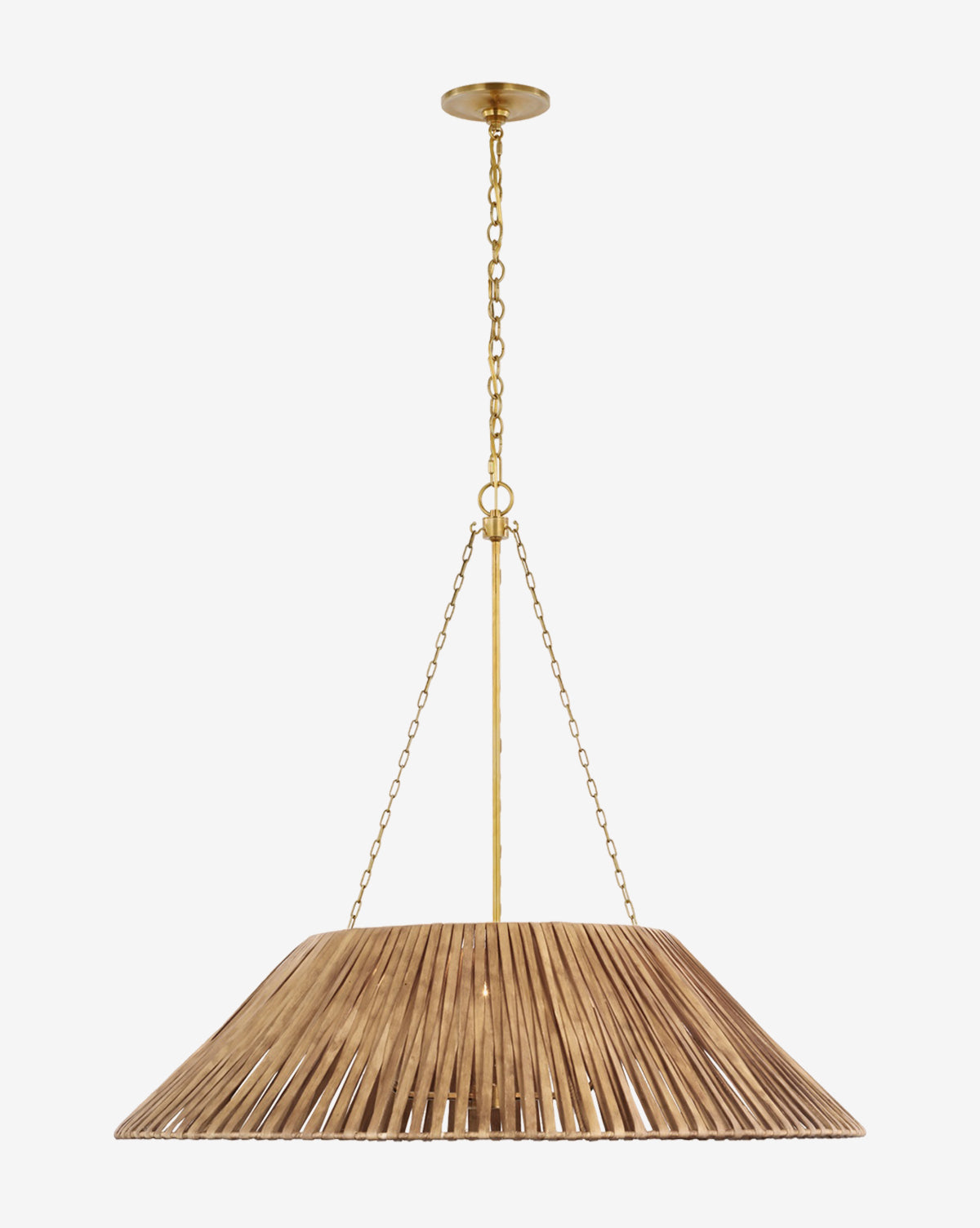 The Corinne Wrapped Hanging Shade features a wide, organic wicker pendant suspended from a gold chain and rod, showcasing modern minimalist design against a plain white background, by Vendixs