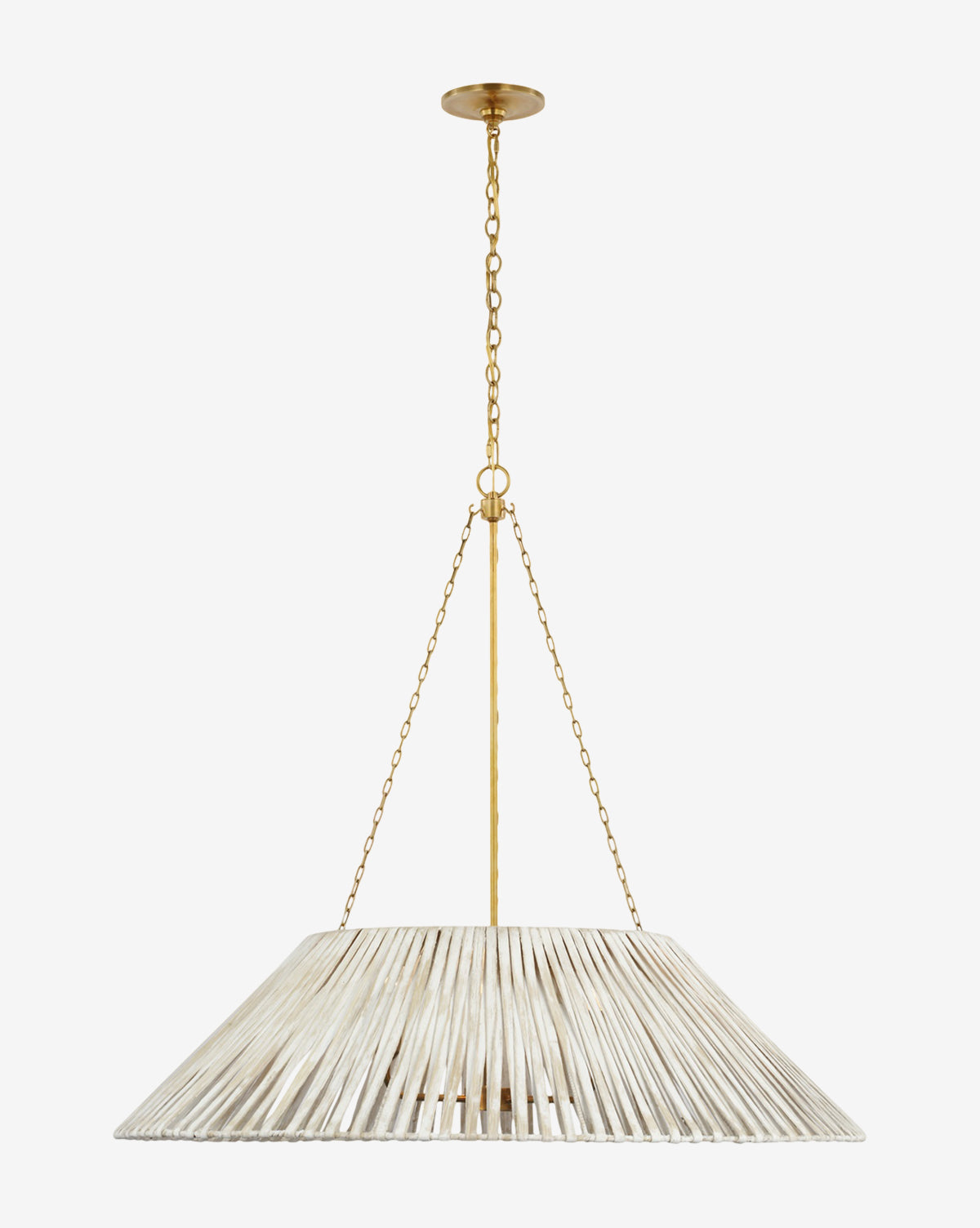 The Corinne Wrapped Hanging Shade features a wide, conical slatted shade in weathered wood, suspended by gold chains and a matching ceiling mount for an organic look, by Vendixs