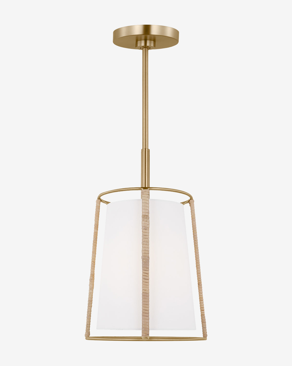 The Cortes Hanging Shade by Visual Comfort Studio - Generation Lighting features a modern brass finish, a cylindrical linen shade, and three gold rods—one with a rattan-wrapped metal frame—hanging from a matching ceiling mount by Vendixs