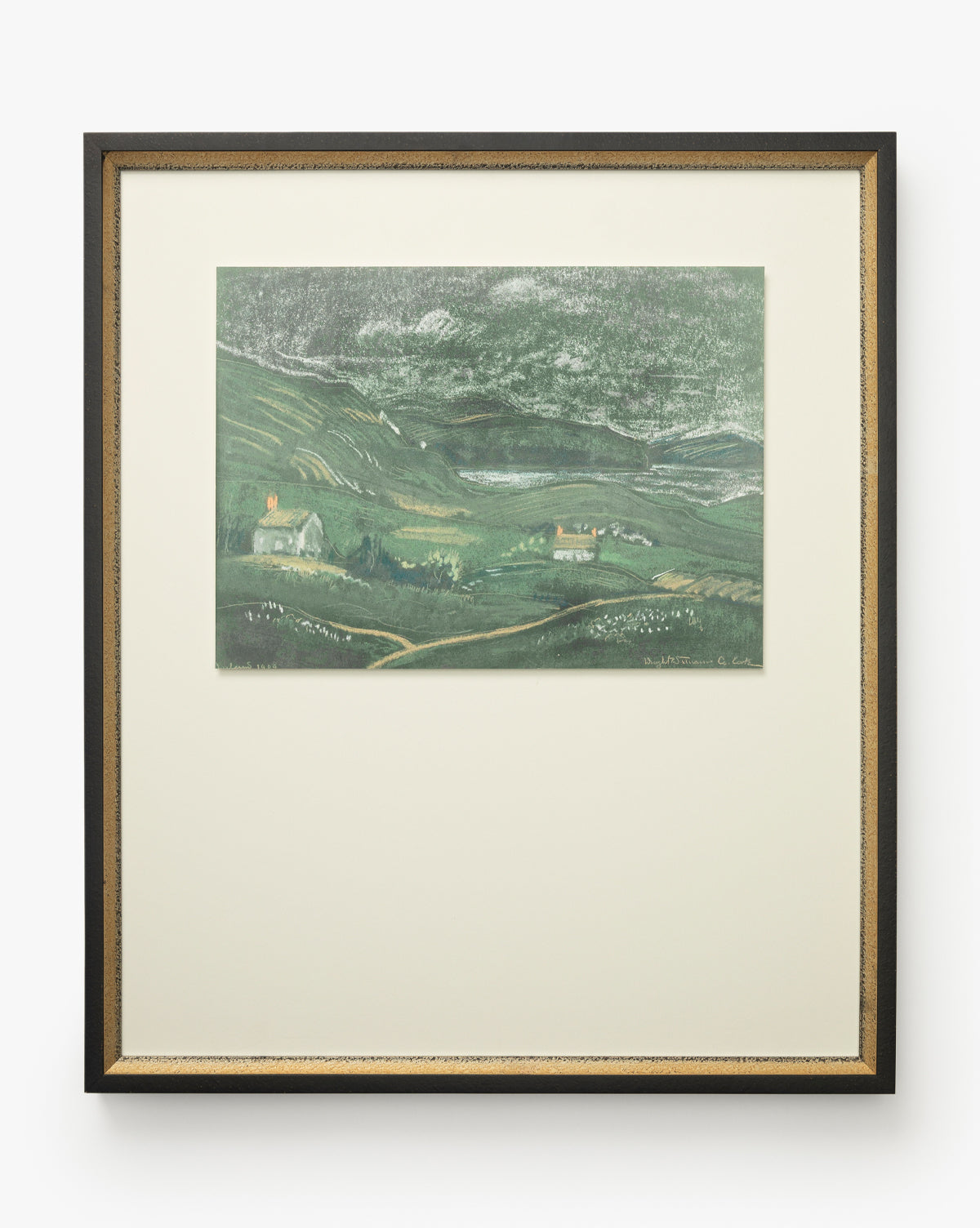 Country Dusk is a framed giclee print showing a serene green countryside with rolling hills, fields, and small houses. It comes in a black and gold frame with a wide off-white mat that complements the artwork beautifully, by Vendixs