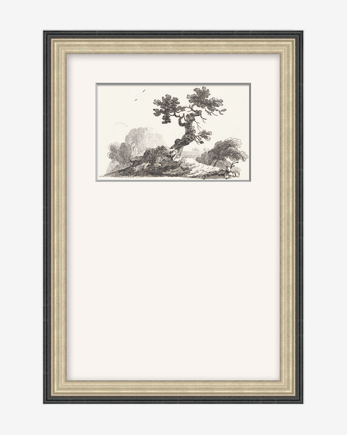 Country Vista is a black-and-white sketch of a twisted tree on a small hill, accented by bushes and a small animal. Set in a wide beige mat with wooden frame, it makes gallery-quality wall decor for any space, by Vendixs