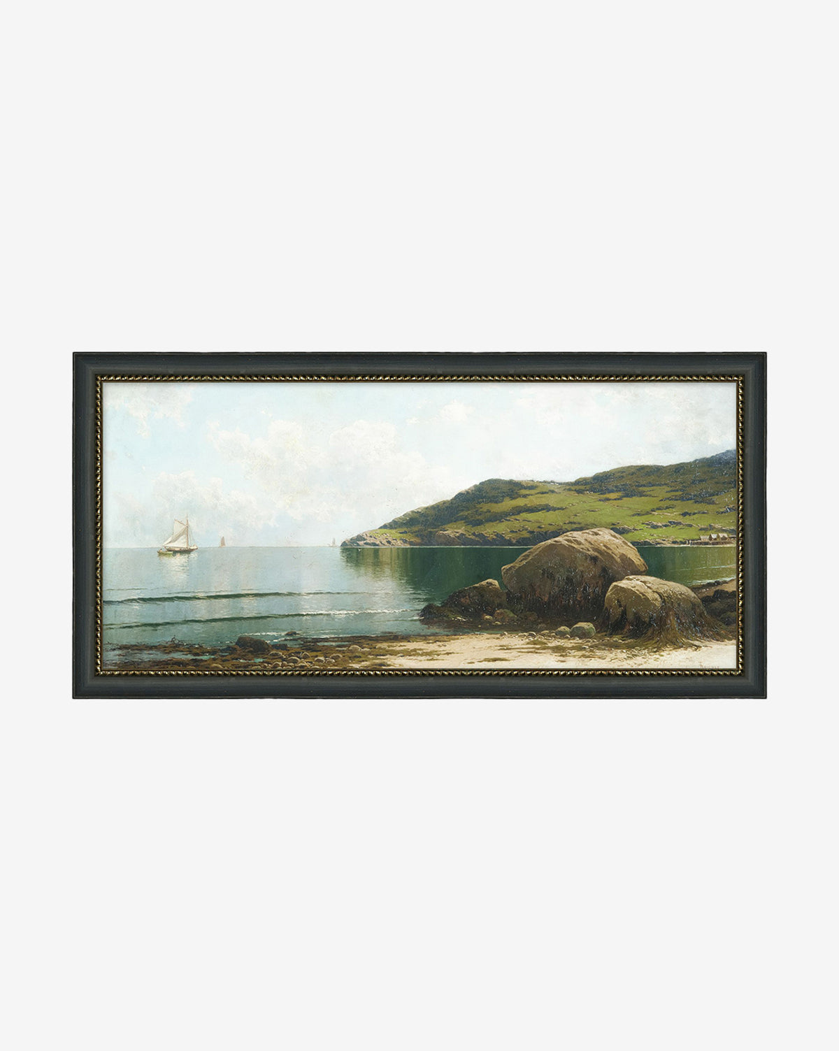A gallery-quality framed painting from the Countryside Collection V features a tranquil coastal landscape with green hills, sandy shore with large rocks, and sailboats under a partly cloudy sky—the ideal wall art, by Vendixs