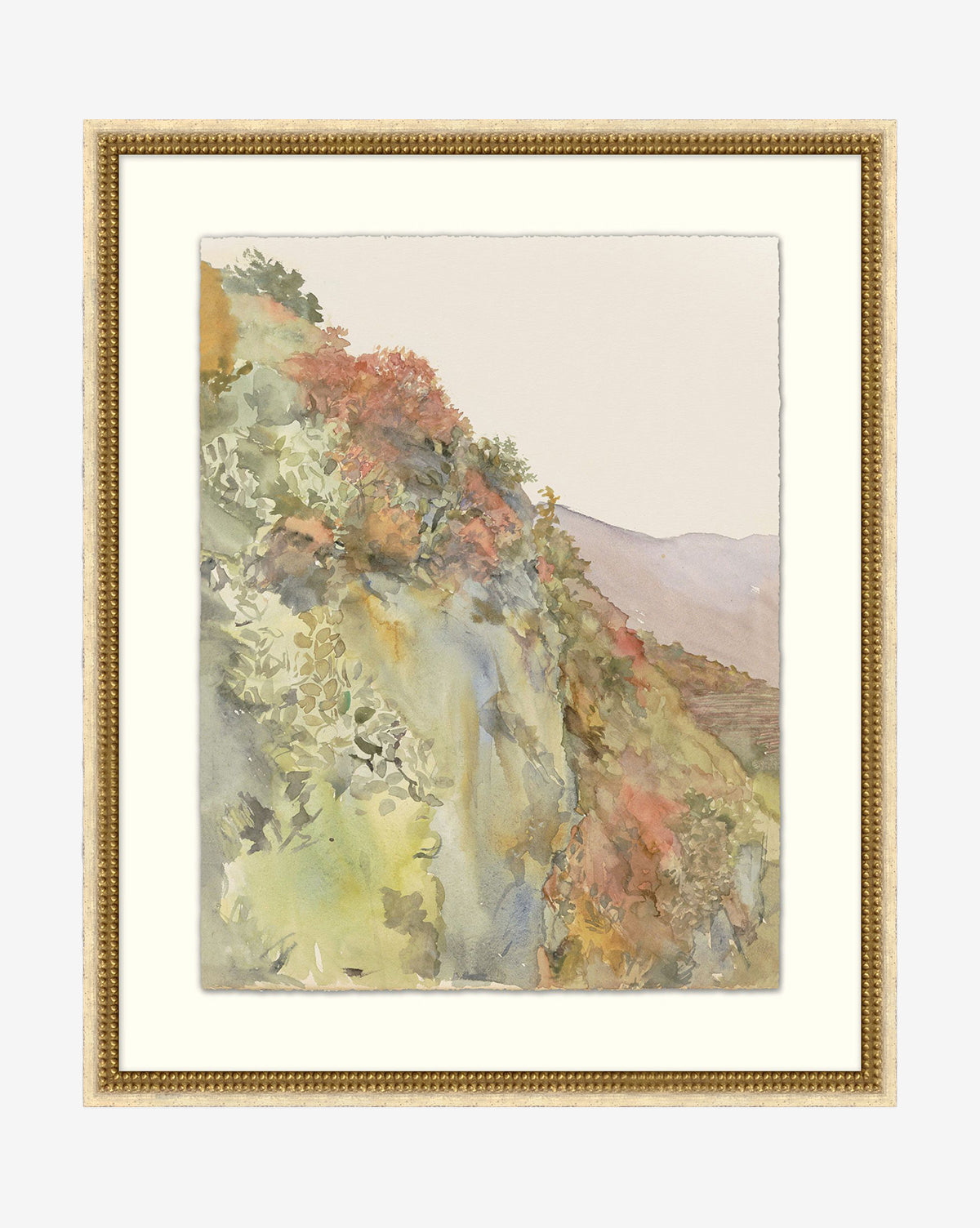 The Countryside Collection VI features gallery-quality artwork: a watercolor hillside scene with green foliage, red and orange accents, distant mountains, all elegantly set in a gold decorative frame, by Vendixs