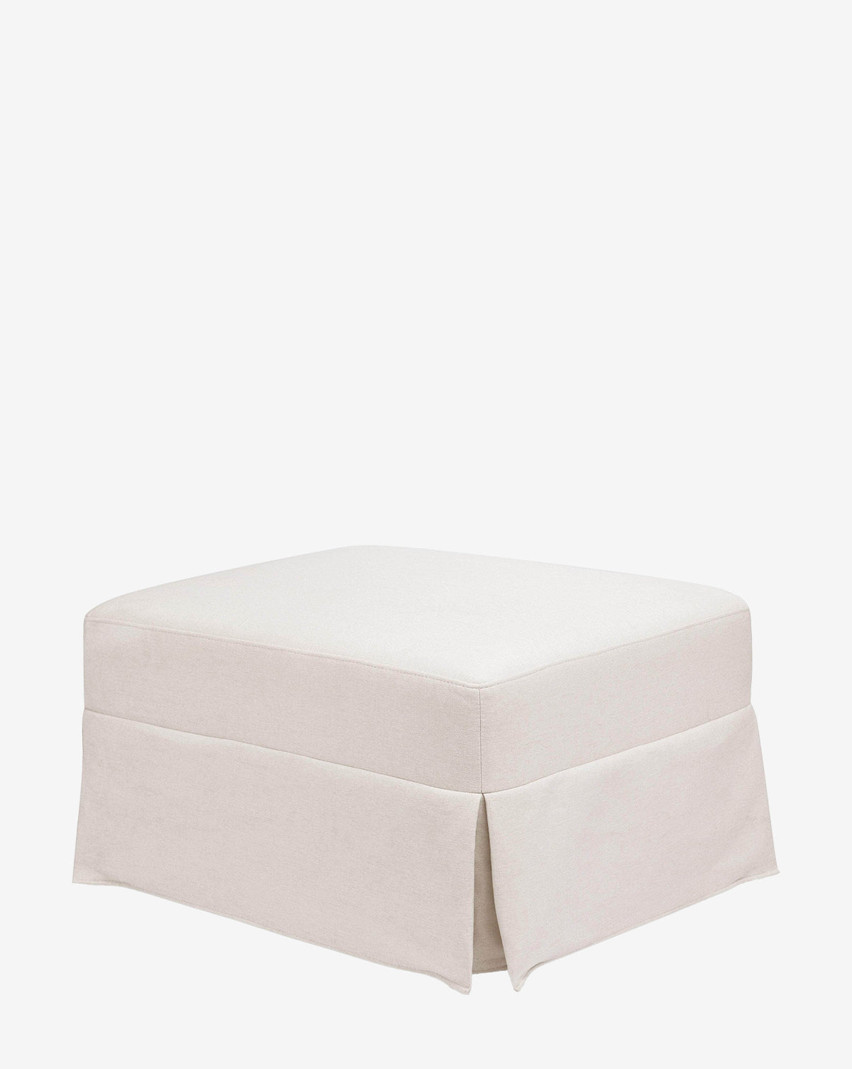 The Crawford Gliding Ottoman by Million Dollar Baby features a square shape, cream eco-performance fabric, and a skirted cover, shown on a plain white background. Vendixs